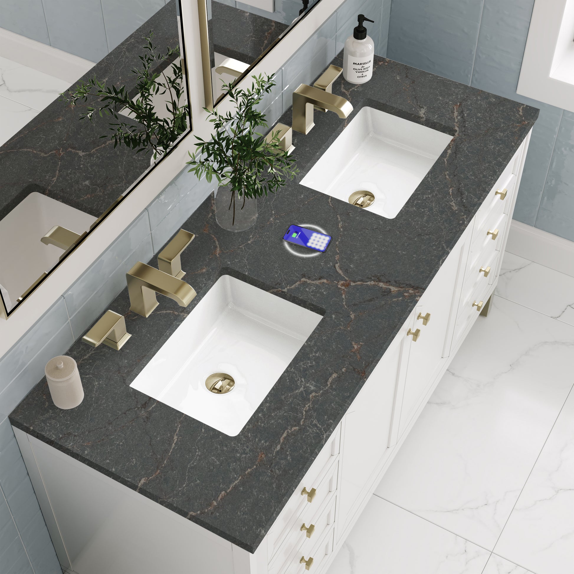 James Martin Vanities Chicago 60" Glossy White Double Vanity With 3 cm Parisien Bleu Silestone Top and FreePower Wireless Charger