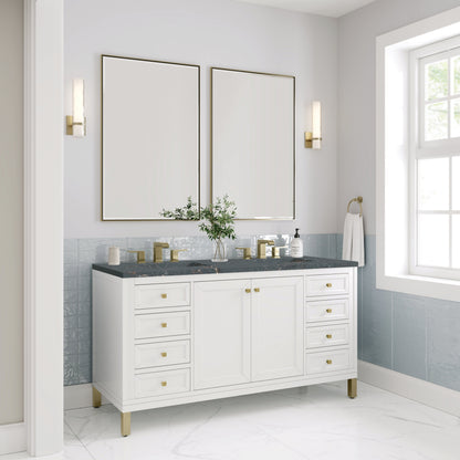 James Martin Vanities Chicago 60" Glossy White Double Vanity With 3 cm Parisien Bleu Top