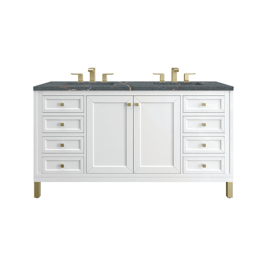 James Martin Vanities Chicago 60" Glossy White Double Vanity With 3 cm Parisien Bleu Top