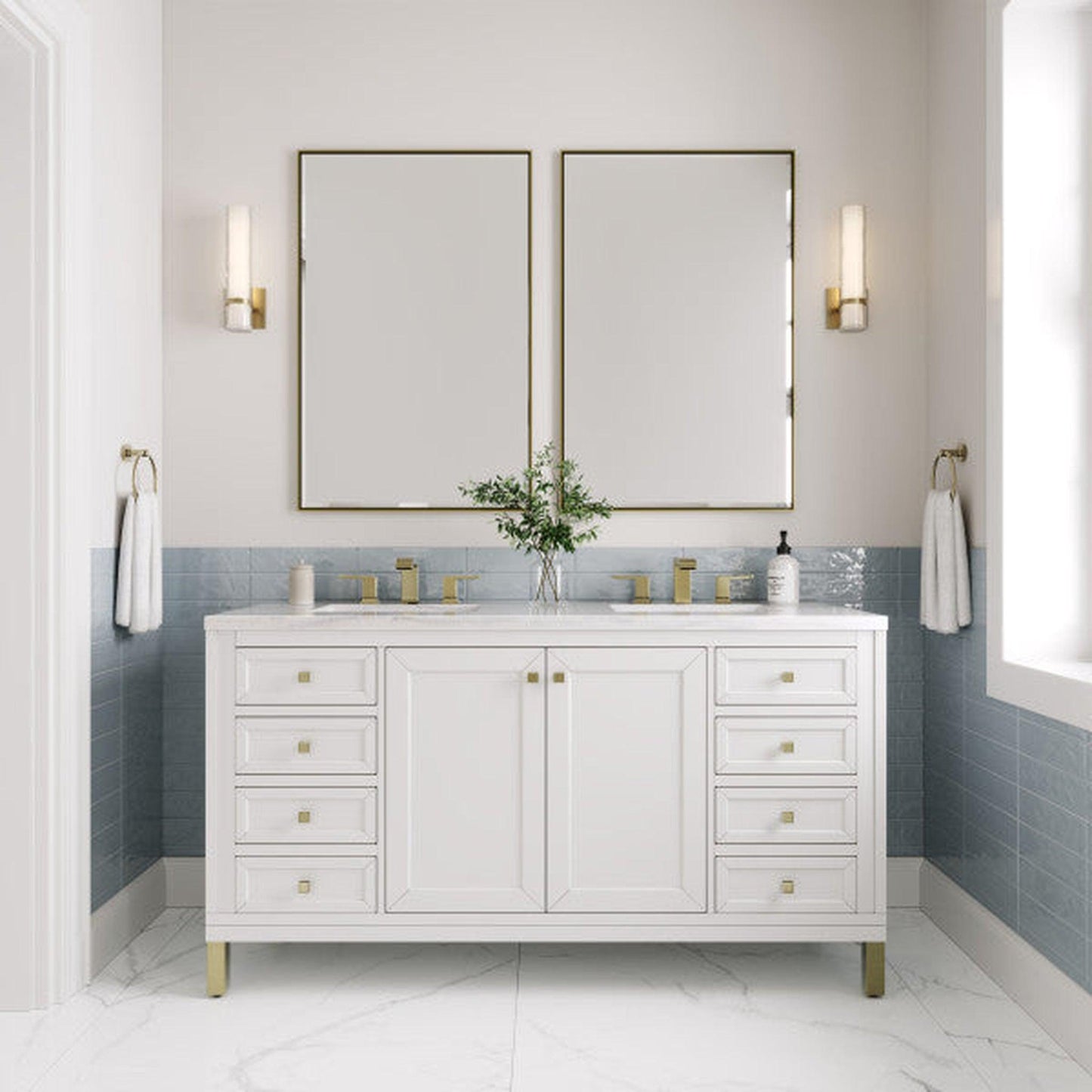 James Martin Vanities Chicago 60" Glossy White Double Vanity With 3cm Arctic Fall Top