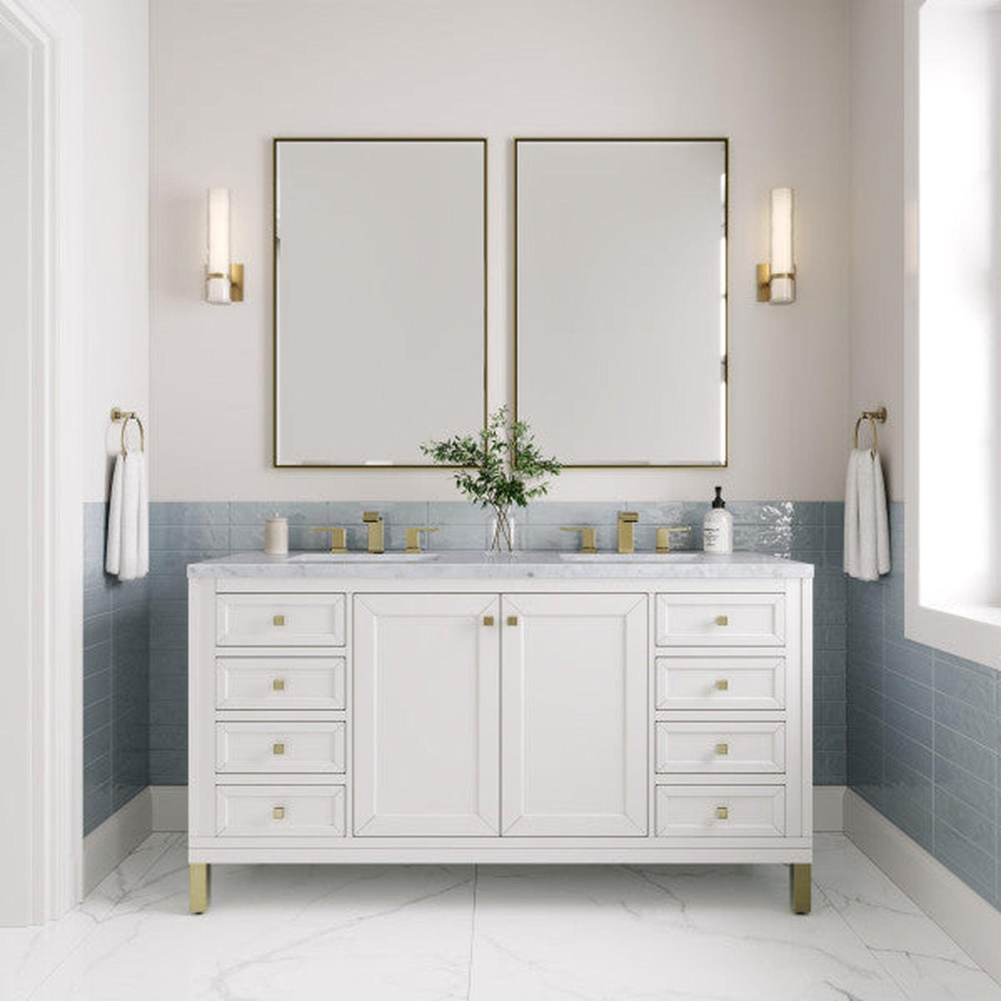 James Martin Vanities Chicago 60" Glossy White Double Vanity With 3cm Carrara Marble Top