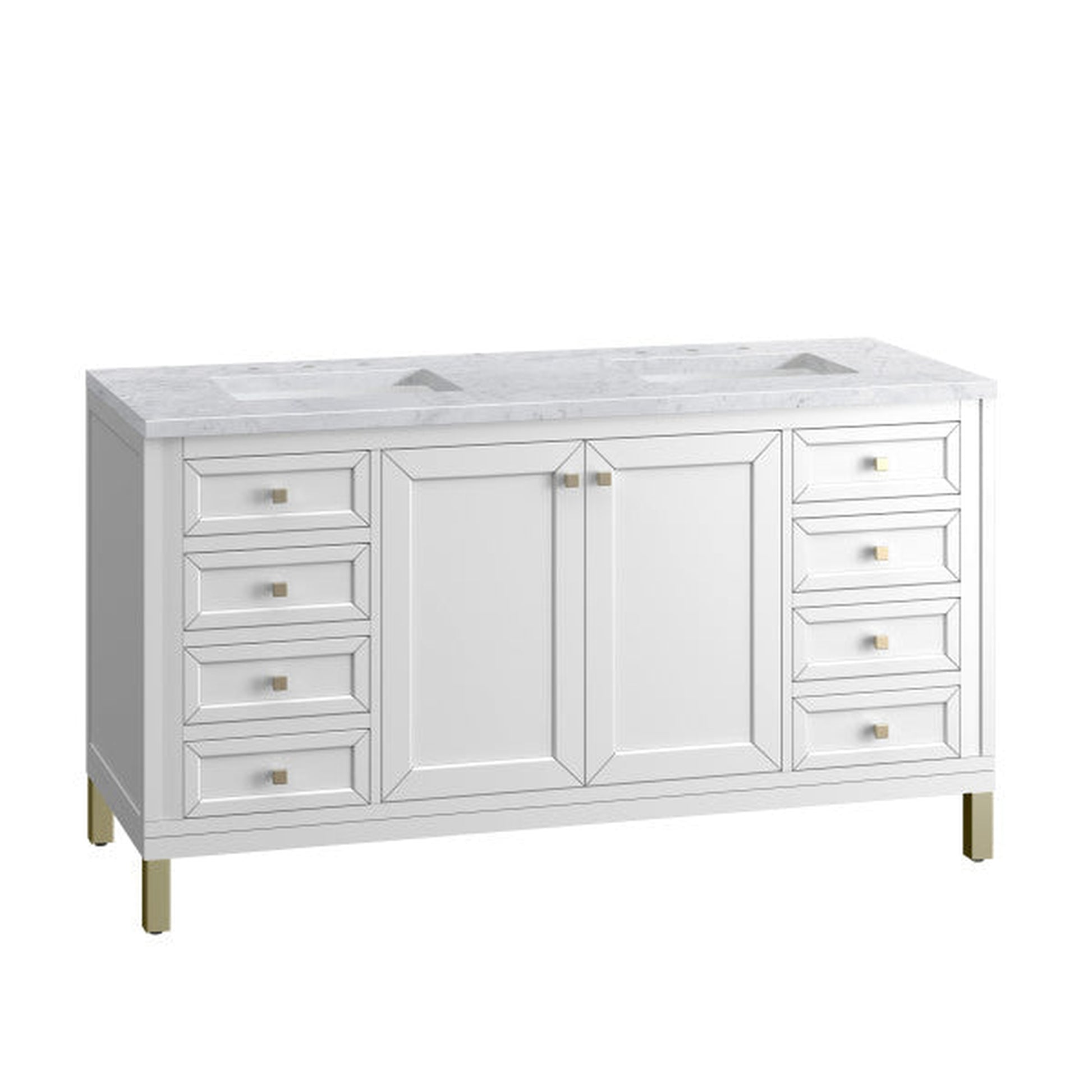 James Martin Vanities Chicago 60" Glossy White Double Vanity With 3cm Carrara Marble Top