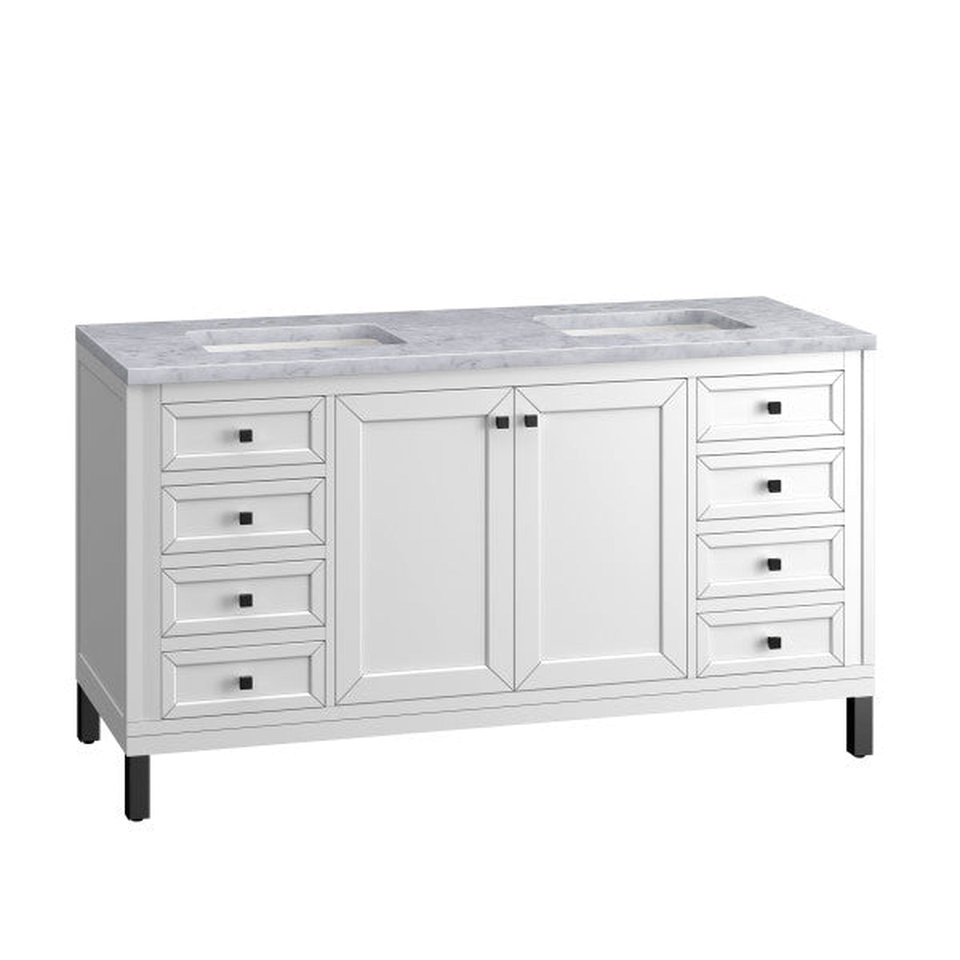 James Martin Vanities Chicago 60" Glossy White Double Vanity With 3cm Carrara Marble Top