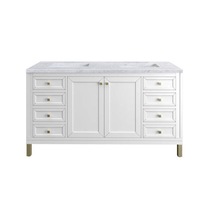 James Martin Vanities Chicago 60" Glossy White Double Vanity With 3cm Carrara Marble Top