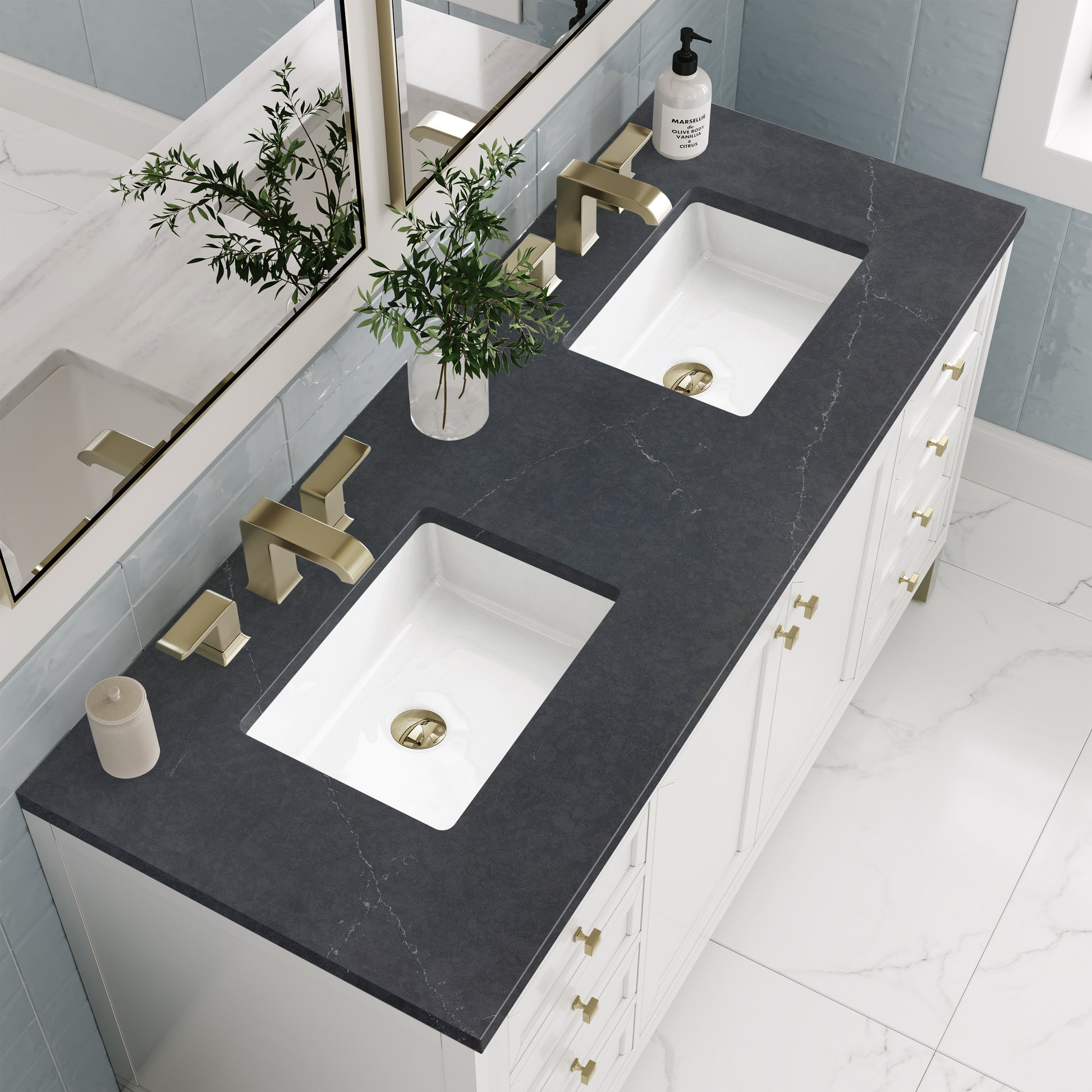 James Martin Vanities Chicago 60" Glossy White Double Vanity With 3cm Charcoal Soapstone Silestone Top
