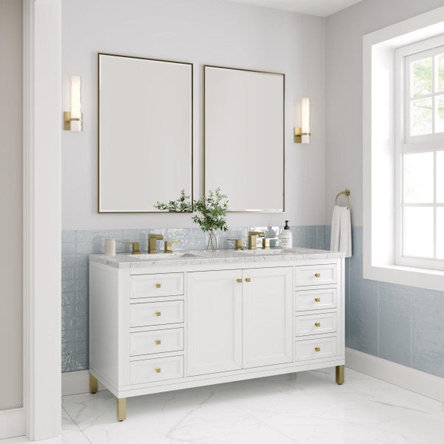 James Martin Vanities Chicago 60" Glossy White Double Vanity With 3cm Eternal Jasmine Pearl Top