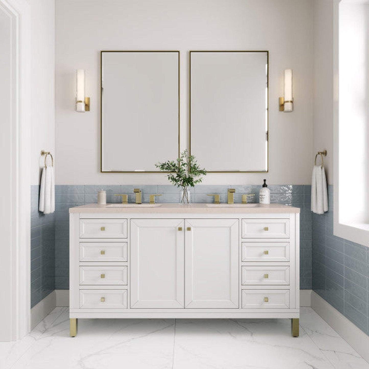 James Martin Vanities Chicago 60" Glossy White Double Vanity With 3cm Eternal Marfil Top