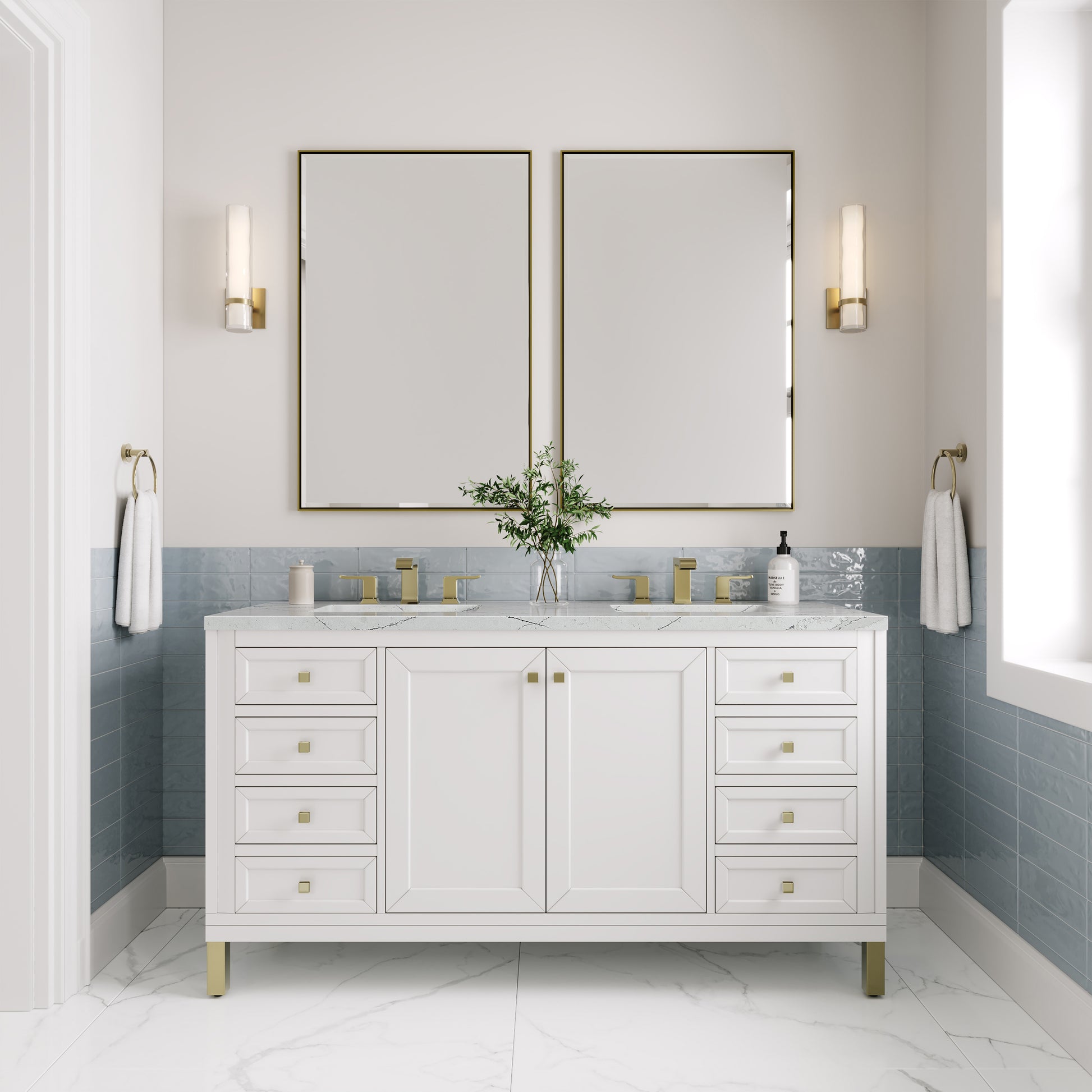 James Martin Vanities Chicago 60" Glossy White Double Vanity With 3cm Ethereal Noctis Silestone Top