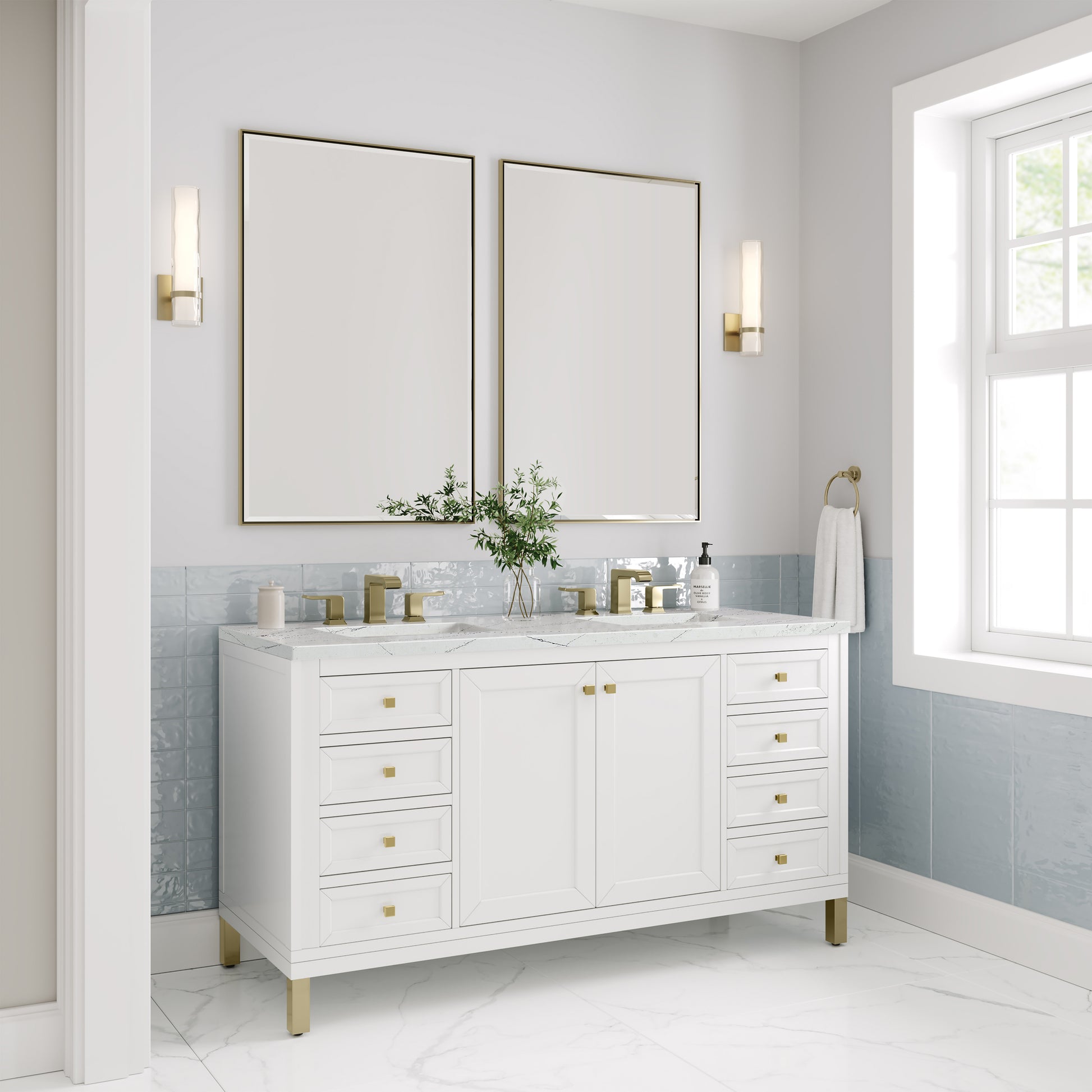 James Martin Vanities Chicago 60" Glossy White Double Vanity With 3cm Ethereal Noctis Silestone Top