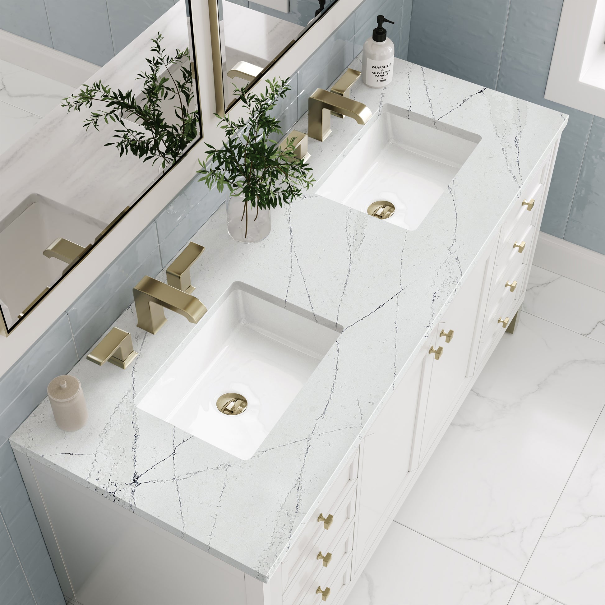 James Martin Vanities Chicago 60" Glossy White Double Vanity With 3cm Ethereal Noctis Silestone Top