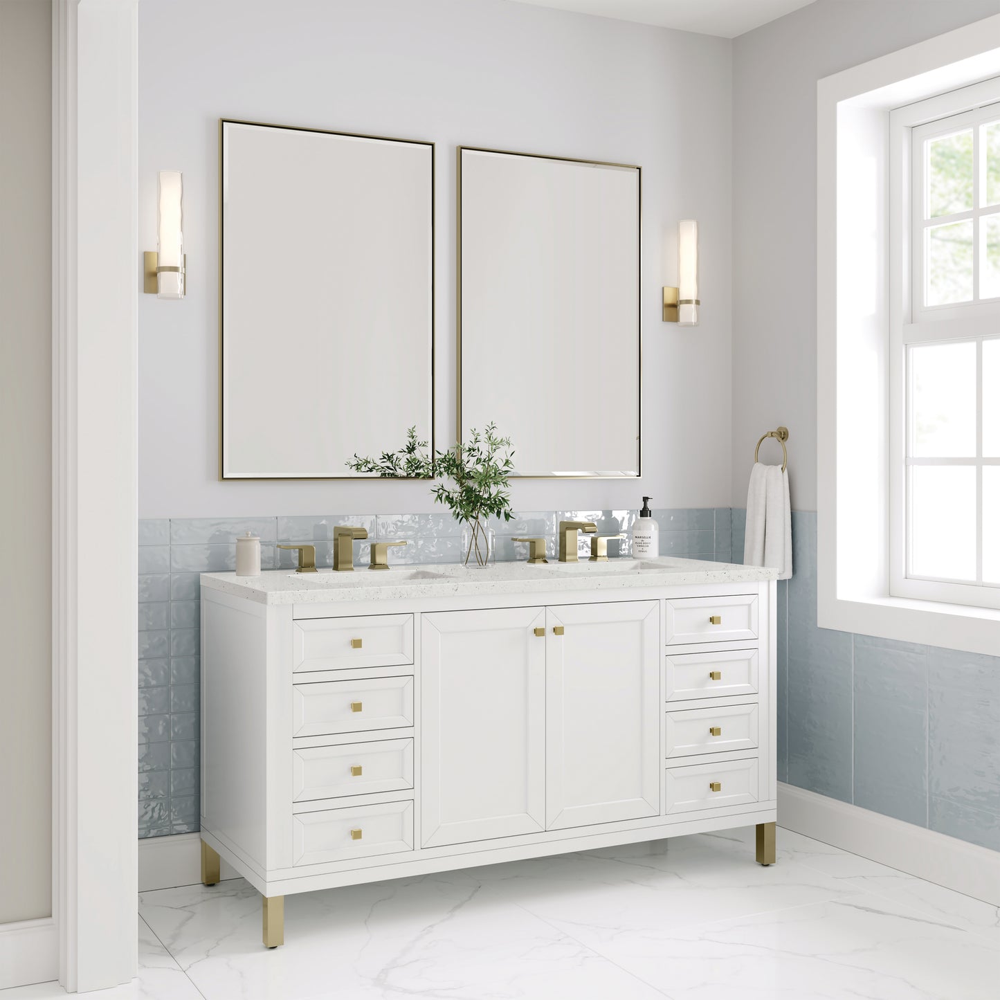 James Martin Vanities Chicago 60" Glossy White Double Vanity With 3cm Lime Delight Silestone Top