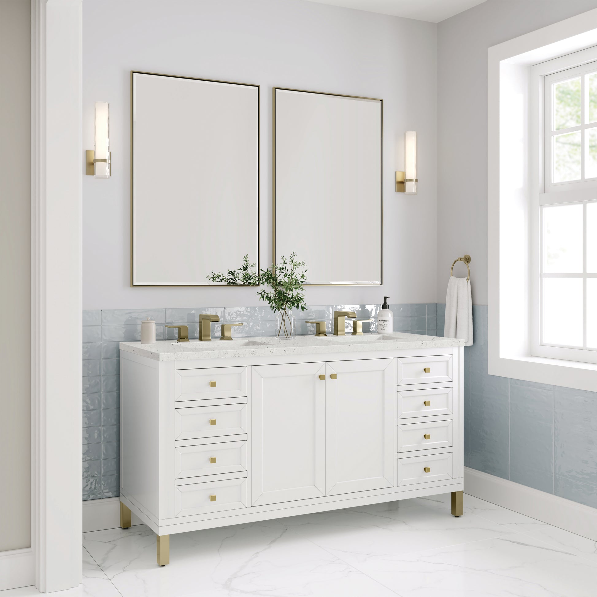 James Martin Vanities Chicago 60" Glossy White Double Vanity With 3cm Lime Delight Silestone Top