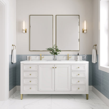James Martin Vanities Chicago 60" Glossy White Double Vanity With Single Hole 3cm White Zeus Silestone Top and Backsplash