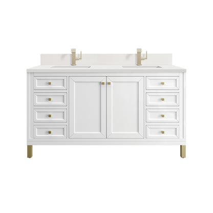 James Martin Vanities Chicago 60" Glossy White Double Vanity With Single Hole 3cm White Zeus Silestone Top and Backsplash