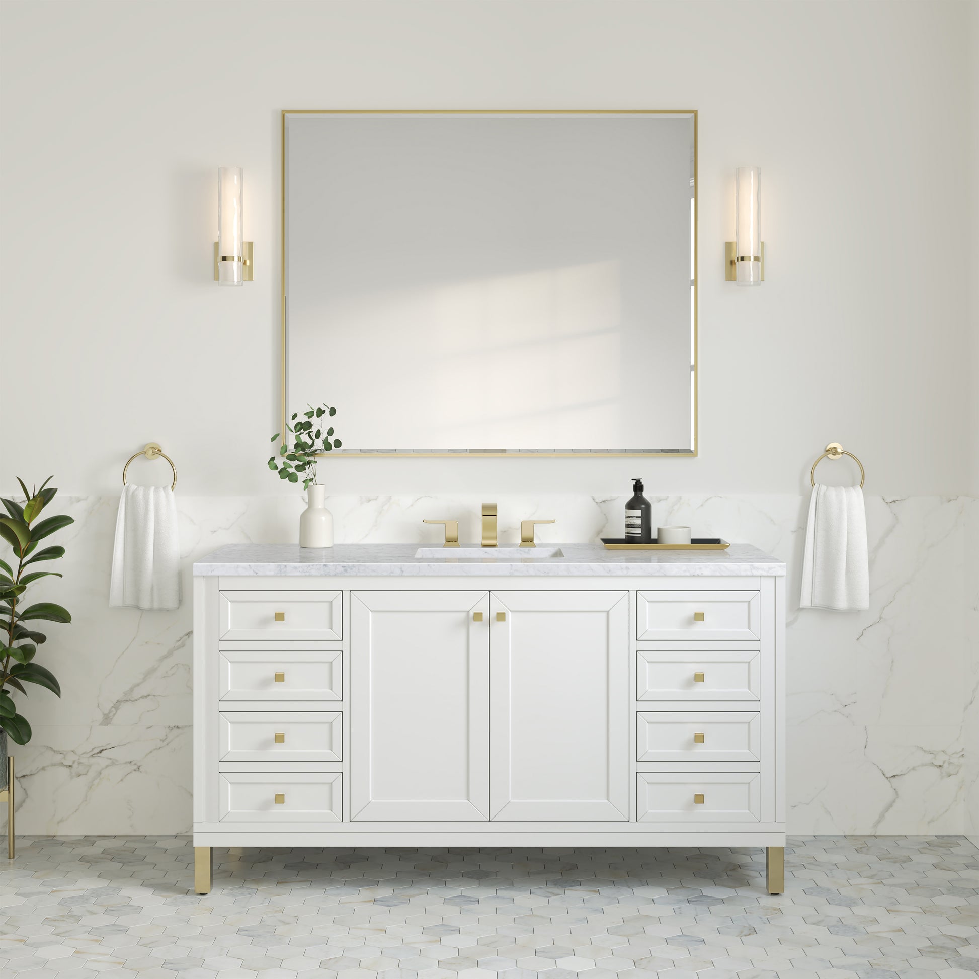 James Martin Vanities Chicago 60" Glossy White Single Vanity With 3 cm Carrara Marble Top