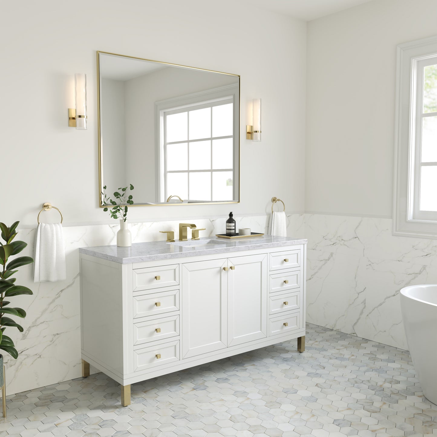 James Martin Vanities Chicago 60" Glossy White Single Vanity With 3 cm Carrara Marble Top