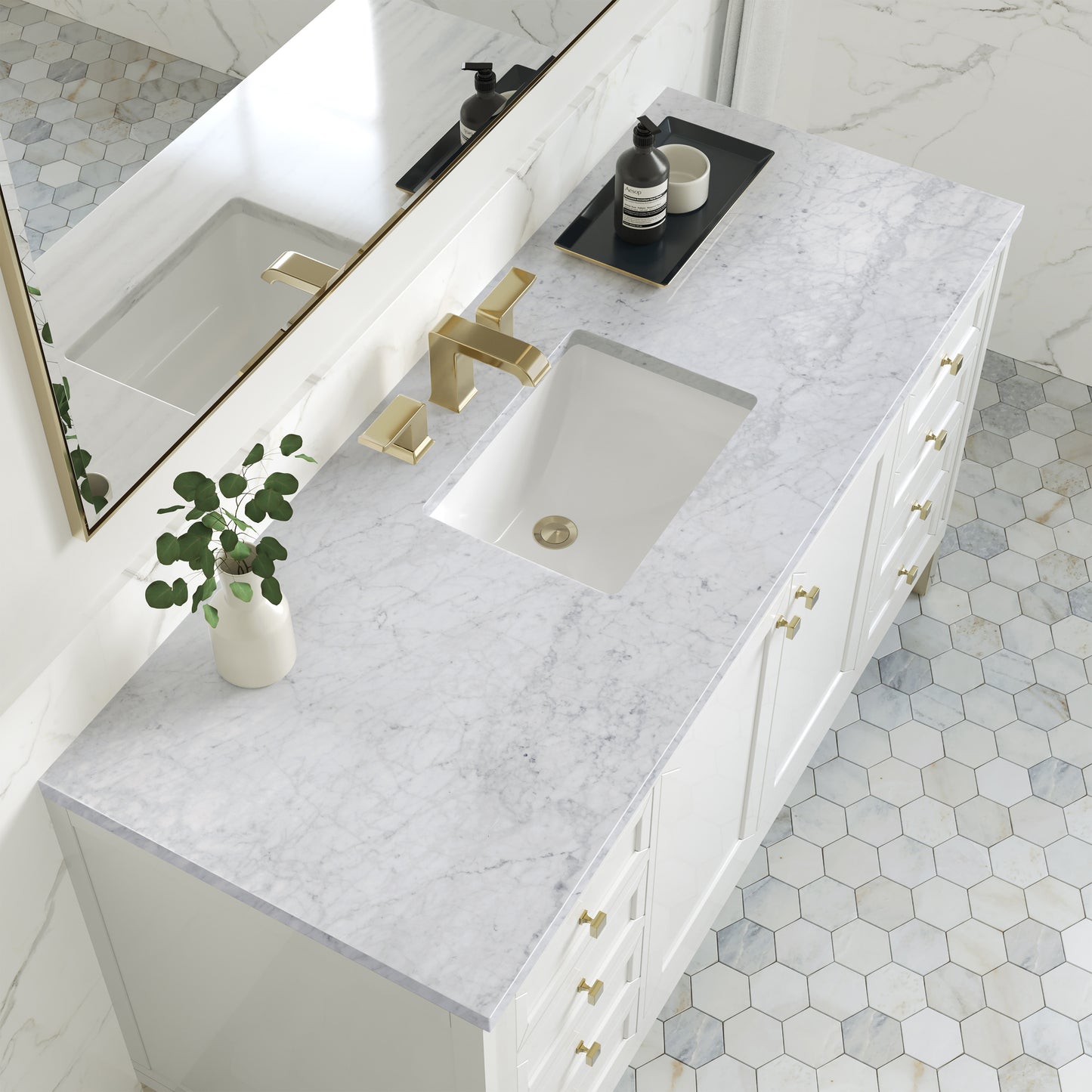 James Martin Vanities Chicago 60" Glossy White Single Vanity With 3 cm Carrara Marble Top