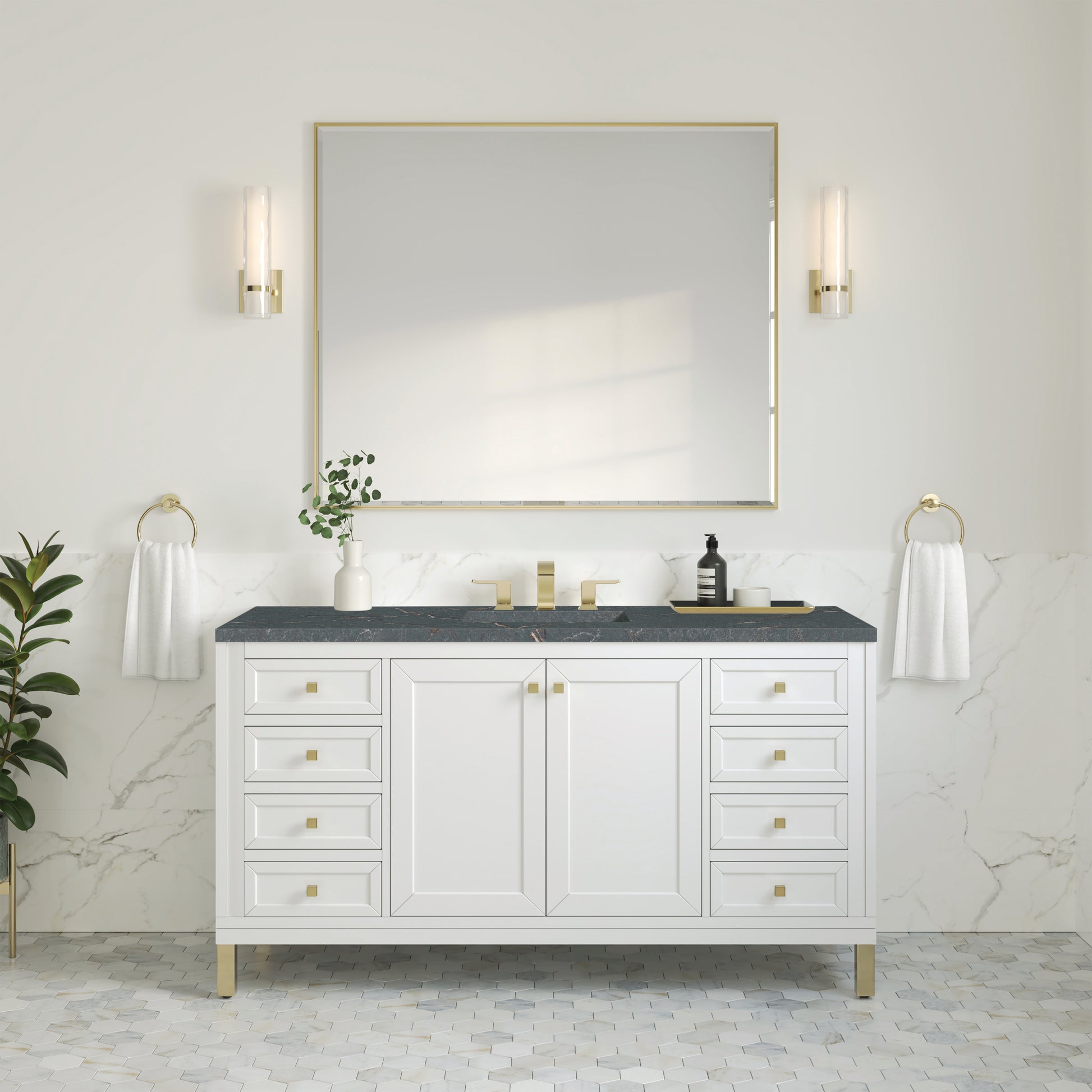 James Martin Vanities Chicago 60" Glossy White Single Vanity With 3 cm Parisien Bleu Silestone Top