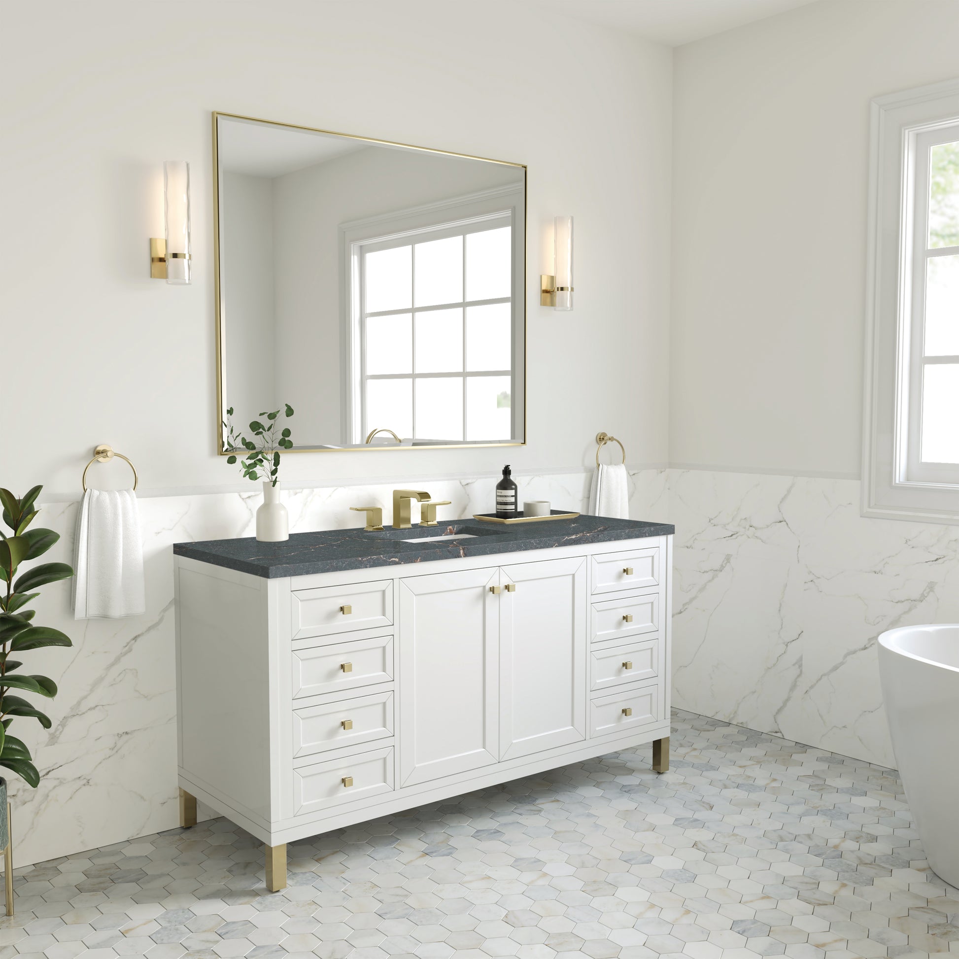 James Martin Vanities Chicago 60" Glossy White Single Vanity With 3 cm Parisien Bleu Silestone Top