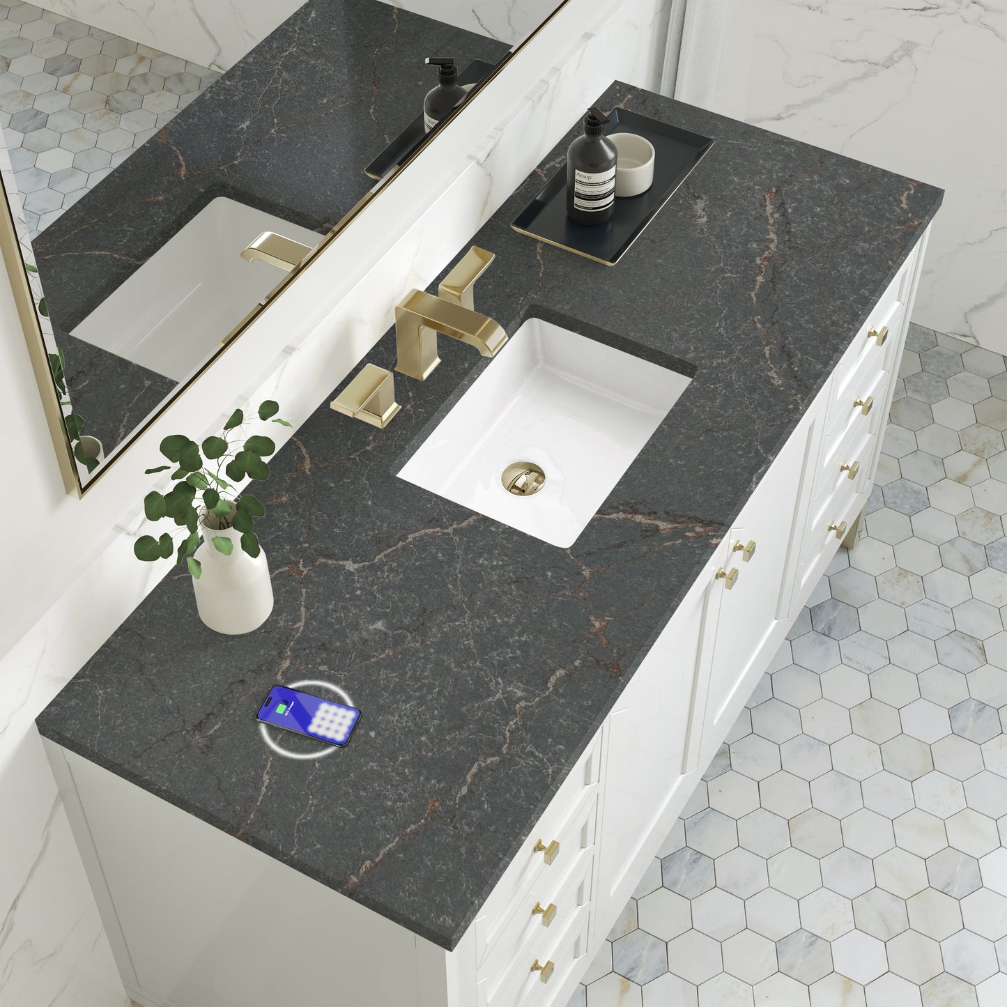 James Martin Vanities Chicago 60" Glossy White Single Vanity With 3 cm Parisien Bleu Silestone Top and FreePower Wireless Charger