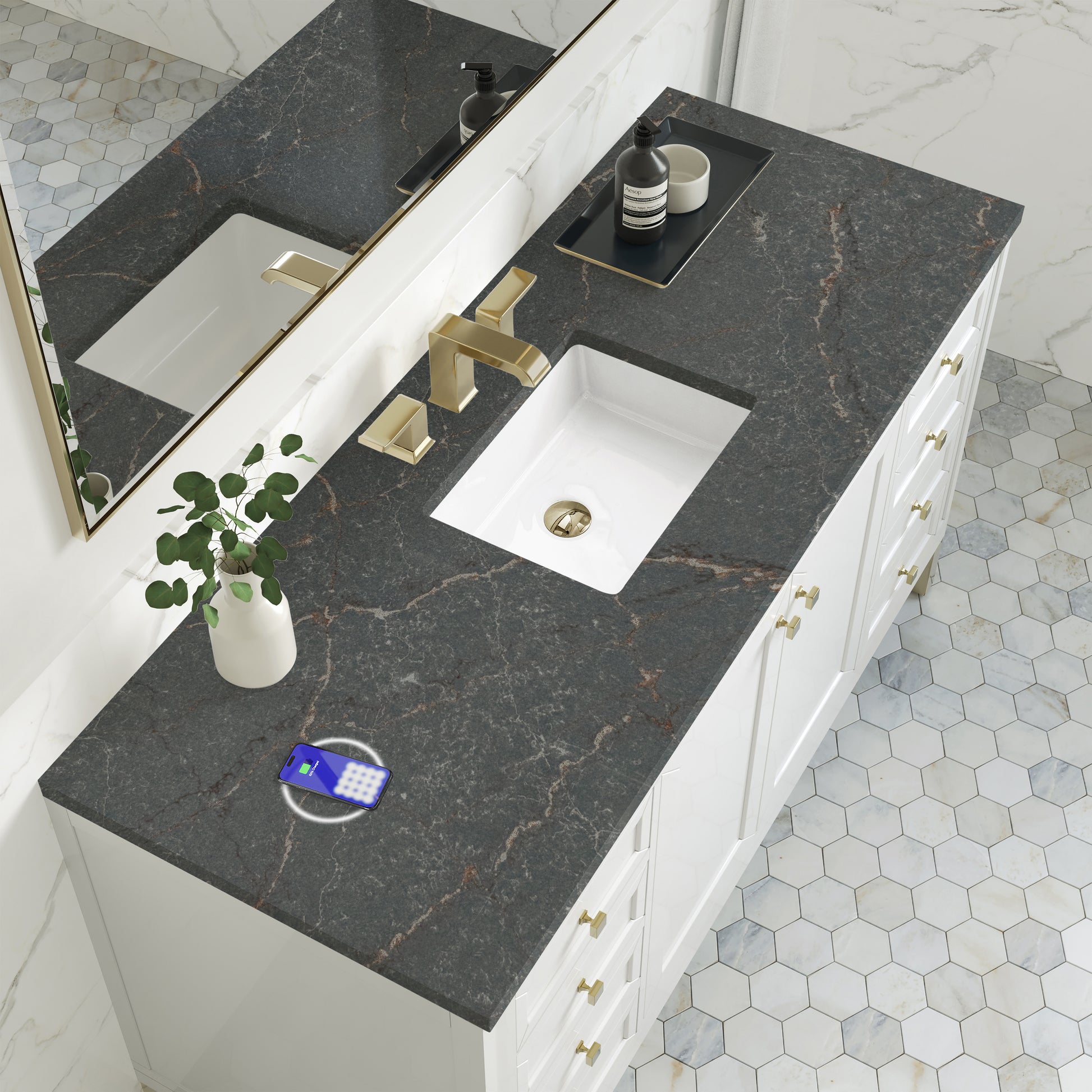 James Martin Vanities Chicago 60" Glossy White Single Vanity With 3 cm Parisien Bleu Silestone Top and FreePower Wireless Charger