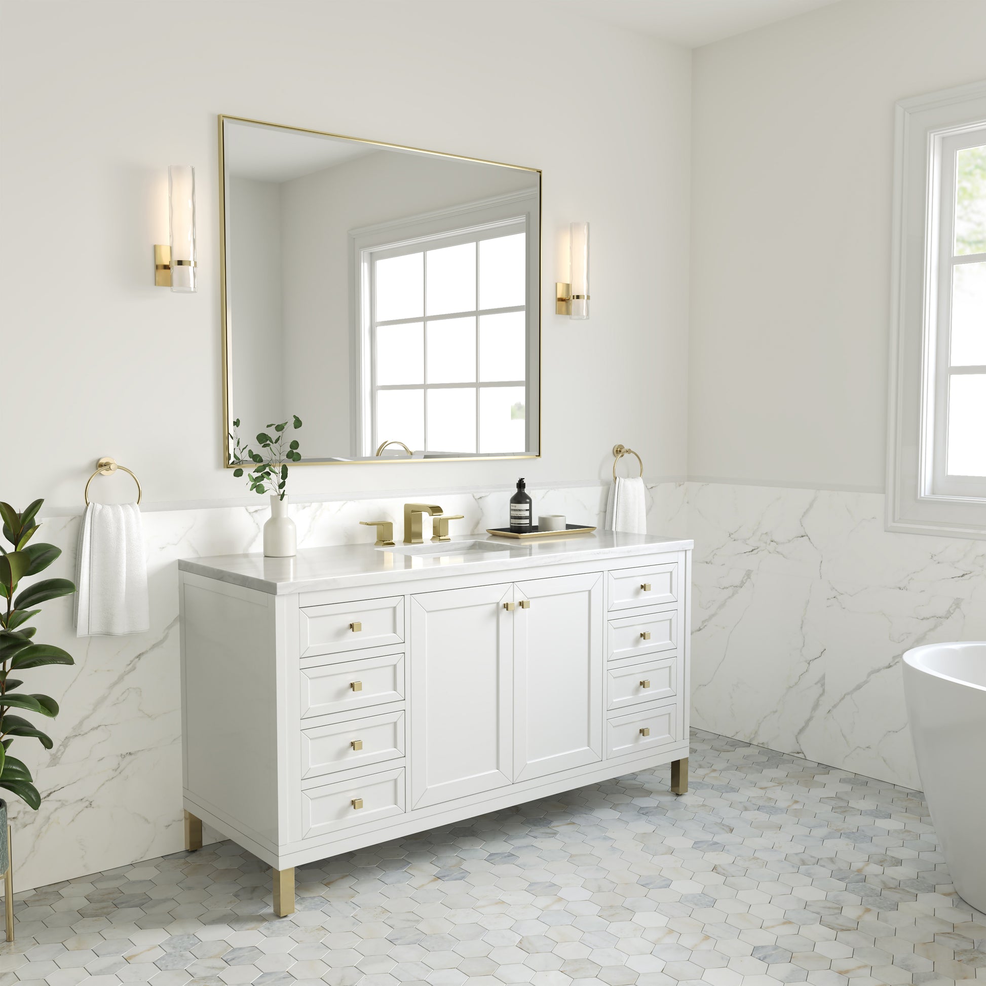 James Martin Vanities Chicago 60" Glossy White Single Vanity With 3cm Arctic Fall Solid Surface Top