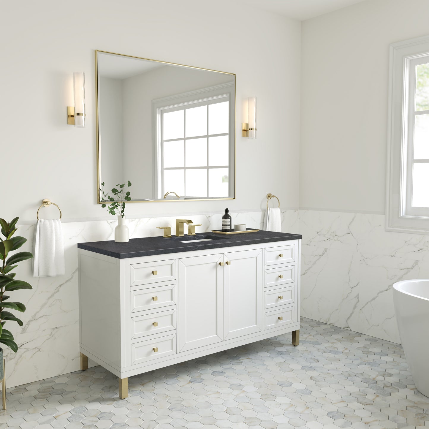 James Martin Vanities Chicago 60" Glossy White Single Vanity With 3cm Charcoal Soapstone Silestone Top