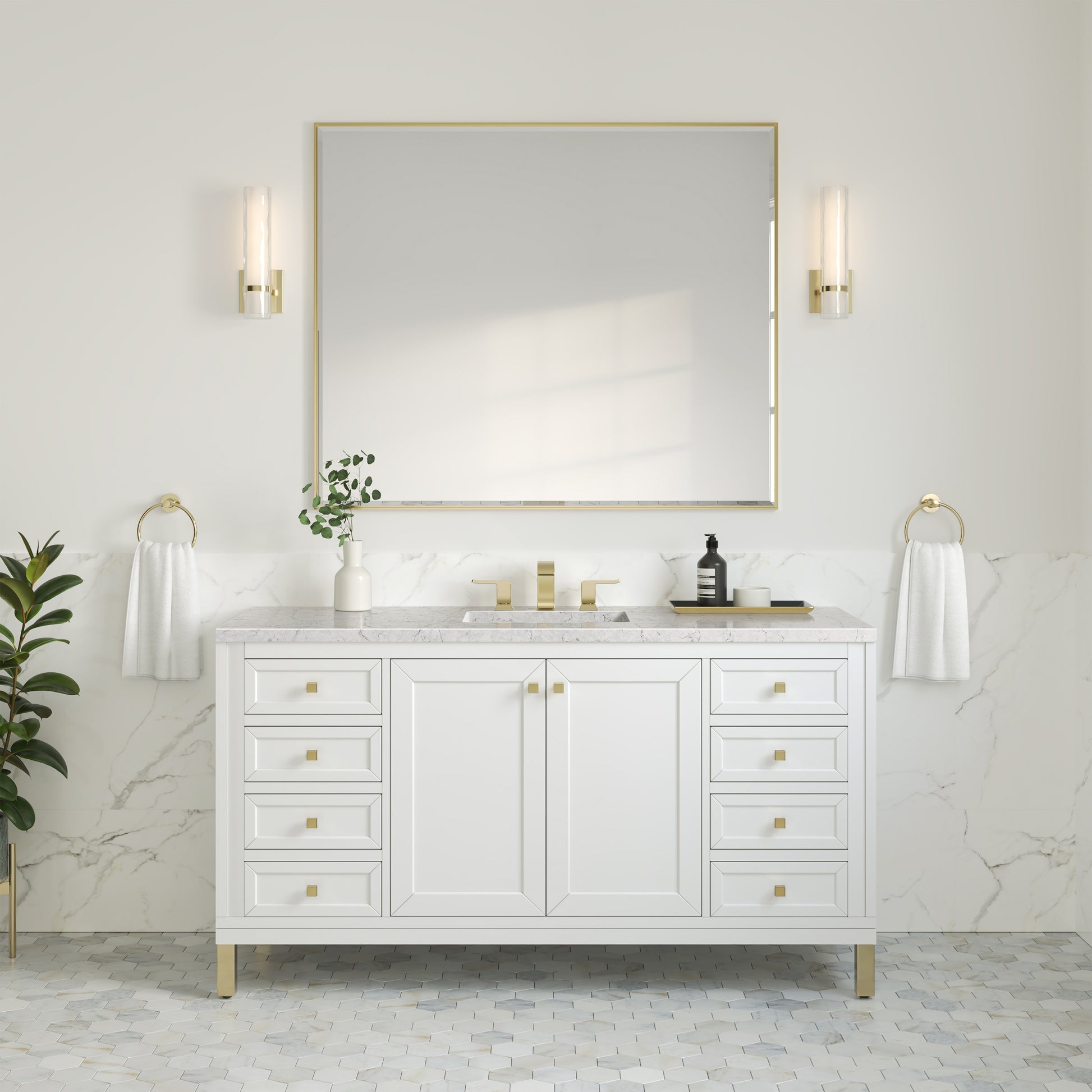 James Martin Vanities Chicago 60" Glossy White Single Vanity With 3cm Eternal Jasmine Pearl Silestone Top
