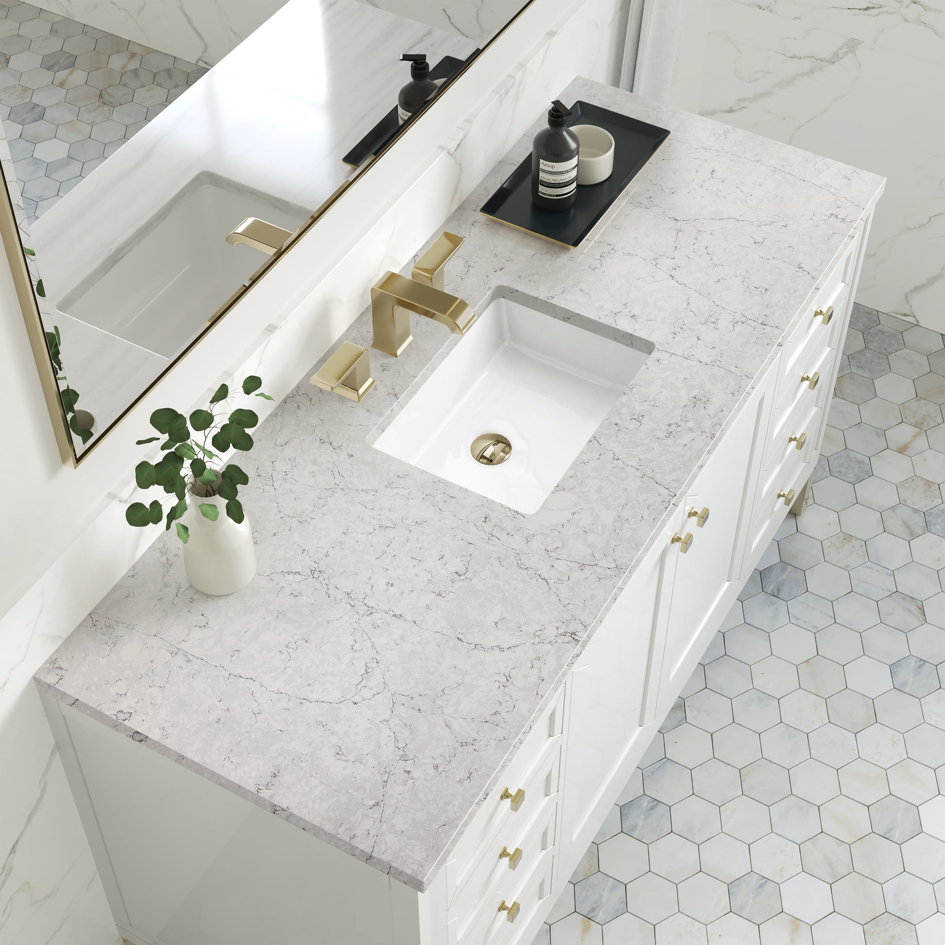 James Martin Vanities Chicago 60" Glossy White Single Vanity With 3cm Eternal Jasmine Pearl Silestone Top With FreePower Wireless Charger