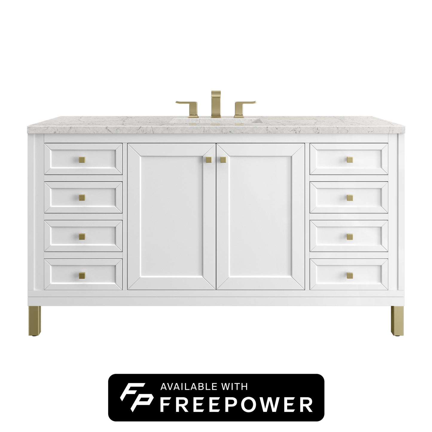 James Martin Vanities Chicago 60" Glossy White Single Vanity With 3cm Eternal Jasmine Pearl Silestone Top With FreePower Wireless Charger