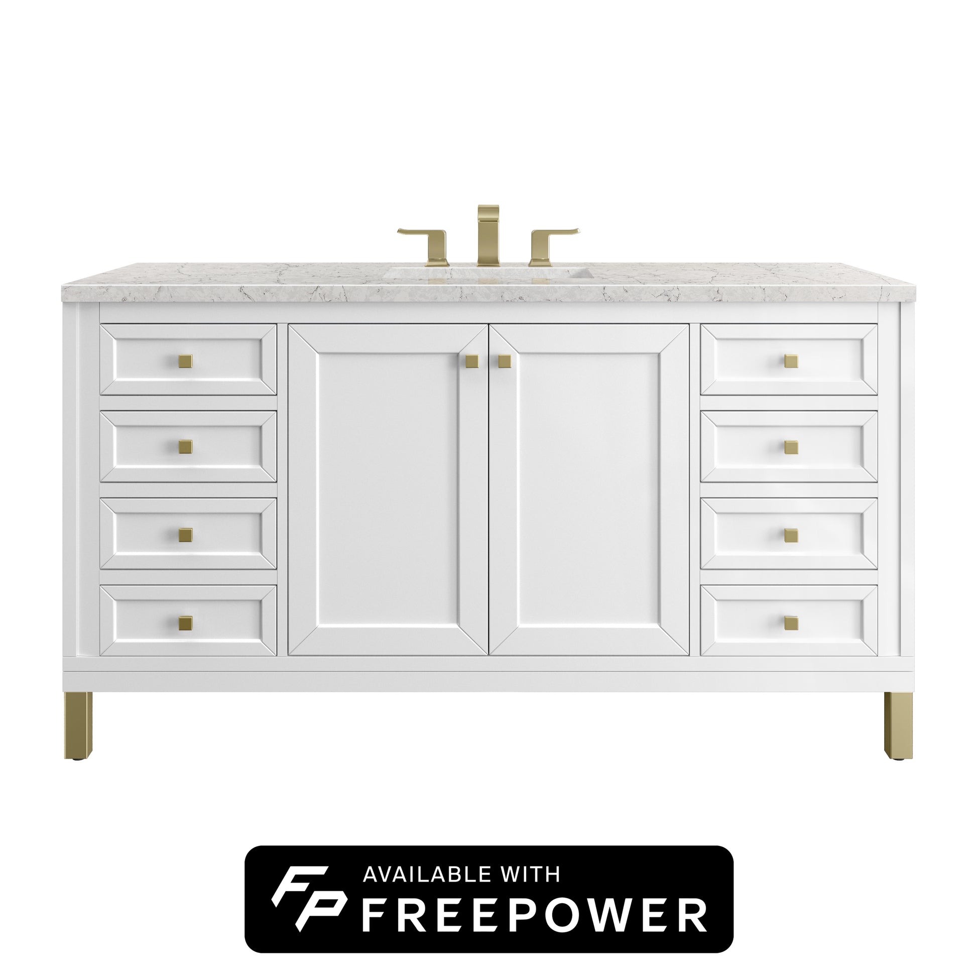 James Martin Vanities Chicago 60" Glossy White Single Vanity With 3cm Eternal Jasmine Pearl Silestone Top With FreePower Wireless Charger
