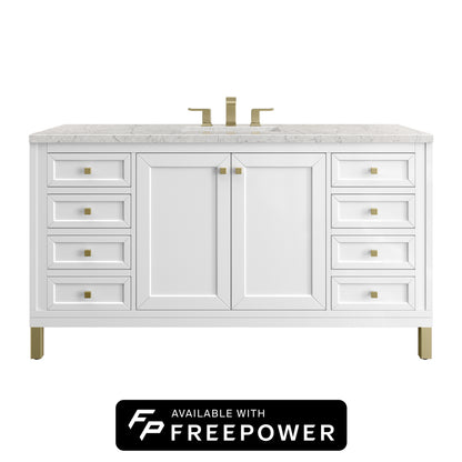 James Martin Vanities Chicago 60" Glossy White Single Vanity With 3cm Eternal Jasmine Pearl Silestone Top With FreePower Wireless Charger