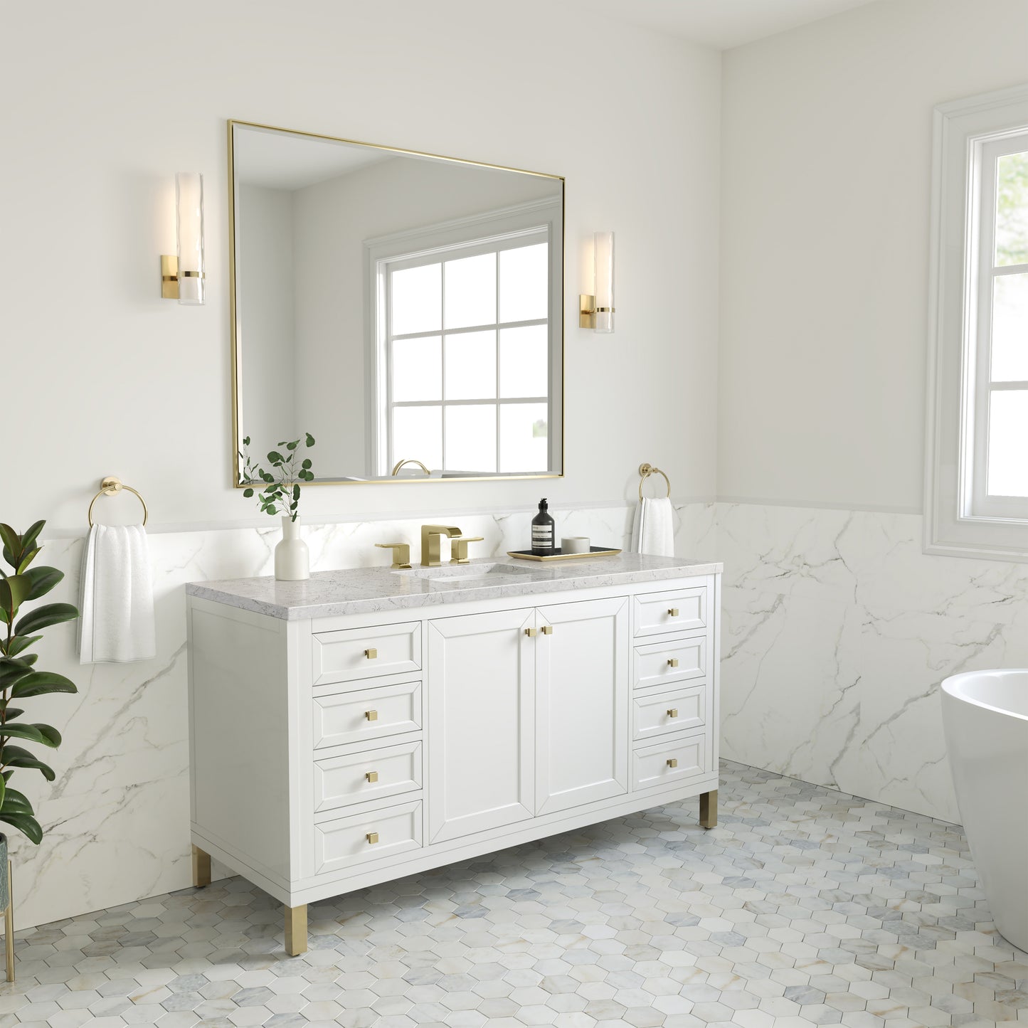 James Martin Vanities Chicago 60" Glossy White Single Vanity With 3cm Eternal Jasmine Pearl Silestone Top With FreePower Wireless Charger
