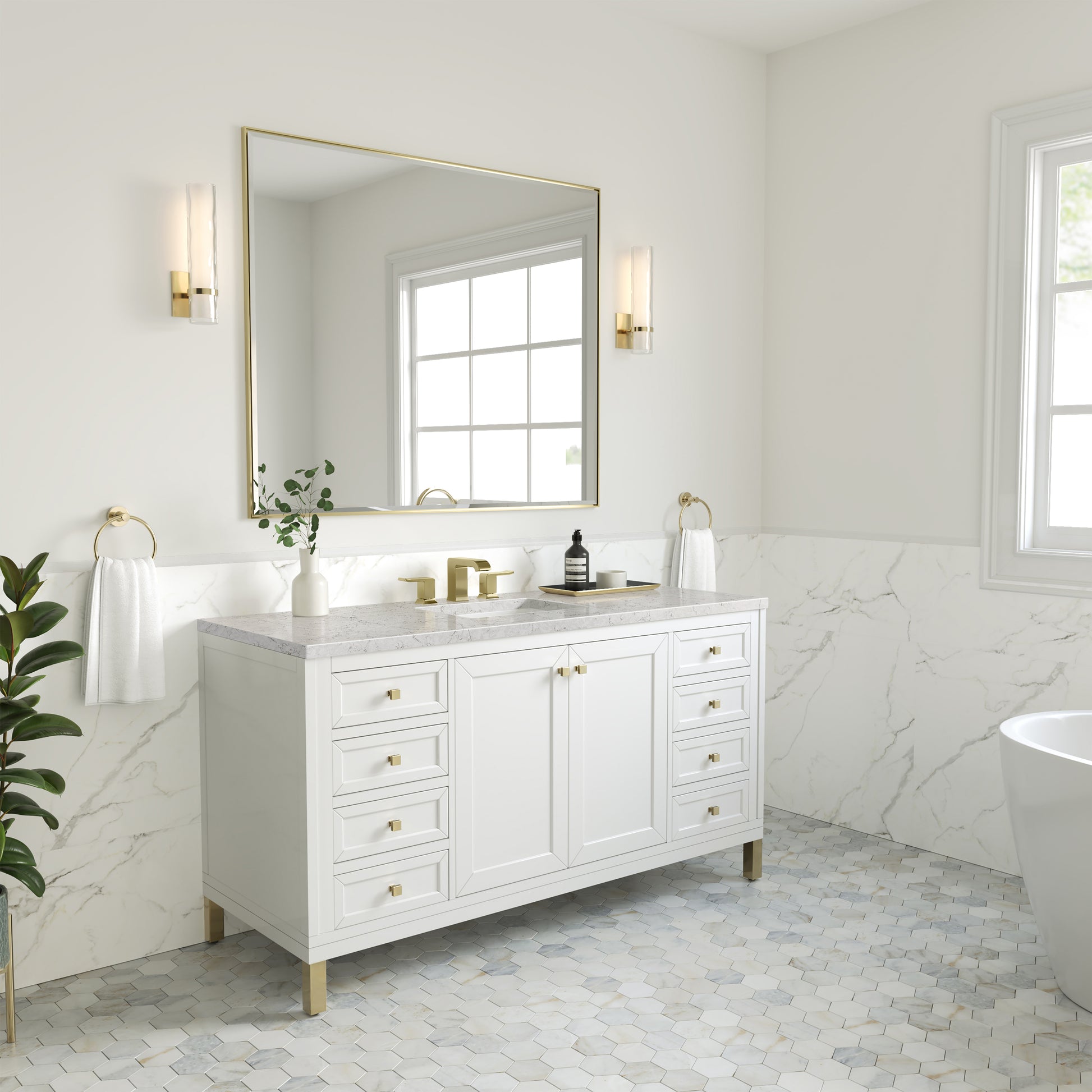James Martin Vanities Chicago 60" Glossy White Single Vanity With 3cm Eternal Jasmine Pearl Silestone Top With FreePower Wireless Charger