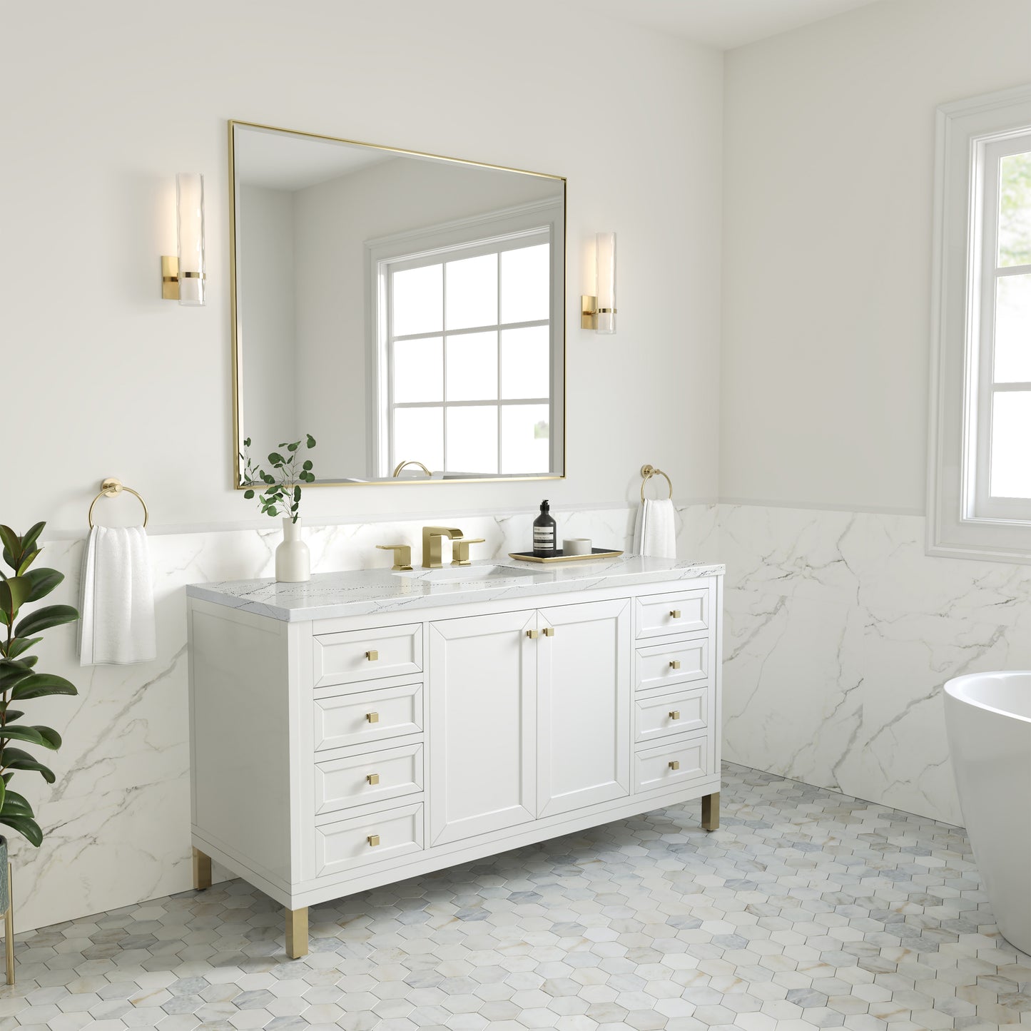 James Martin Vanities Chicago 60" Glossy White Single Vanity With 3cm Ethereal Noctis Silestone Top