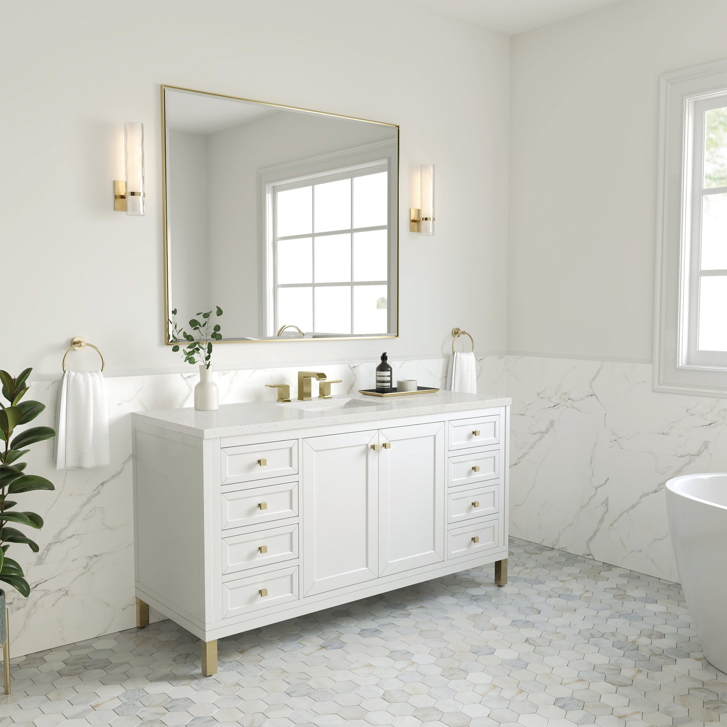 James Martin Vanities Chicago 60" Glossy White Single Vanity With 3cm Lime Delight Silestone Top