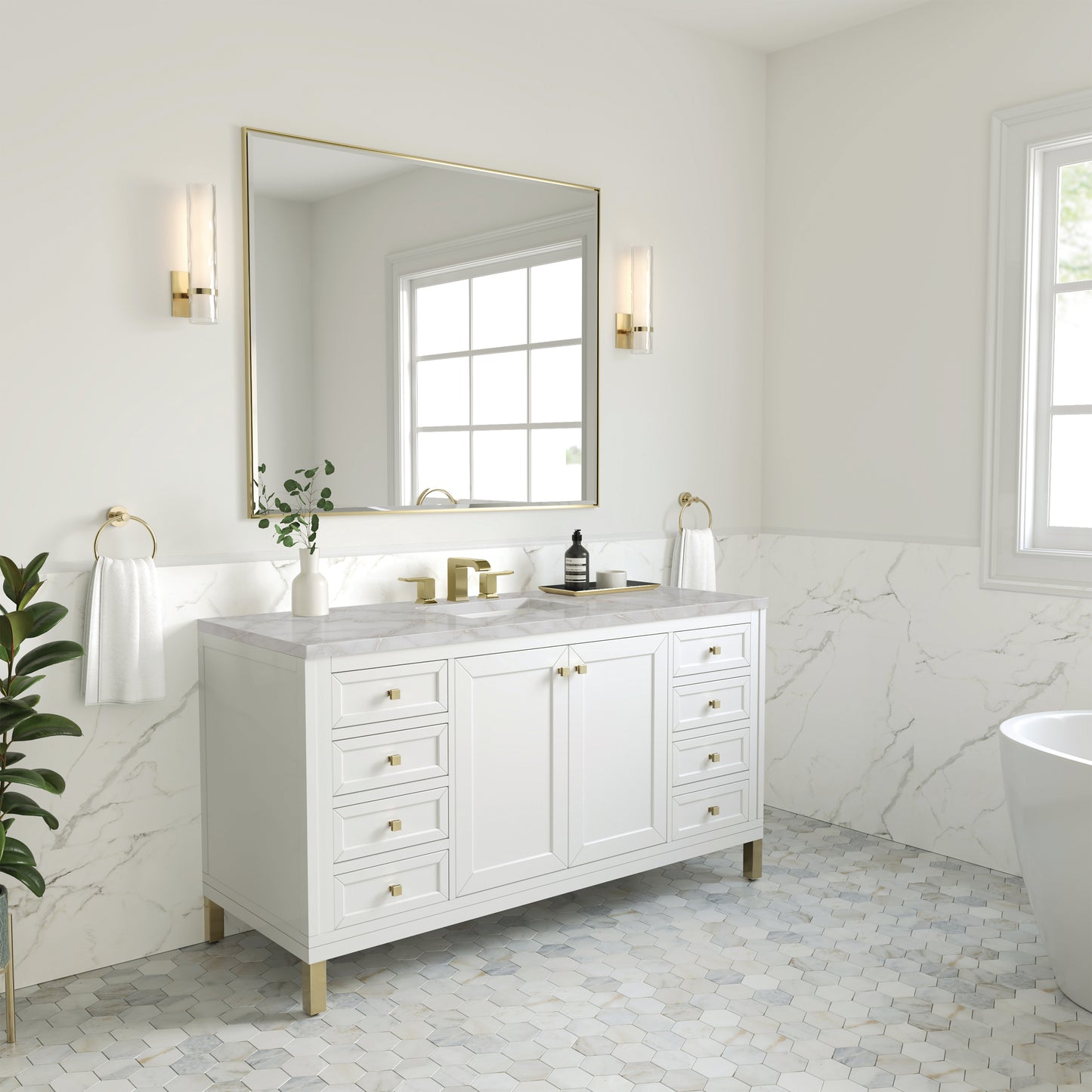 James Martin Vanities Chicago 60" Glossy White Single Vanity With 3cm Victorian Silver Silestone Top