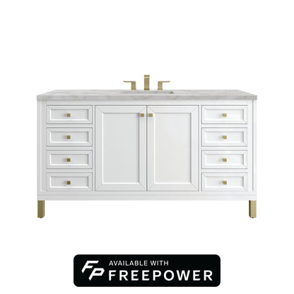 James Martin Vanities Chicago 60" Glossy White Single Vanity With 3cm Victorian Silver Silestone Top With FreePower Wireless Charger