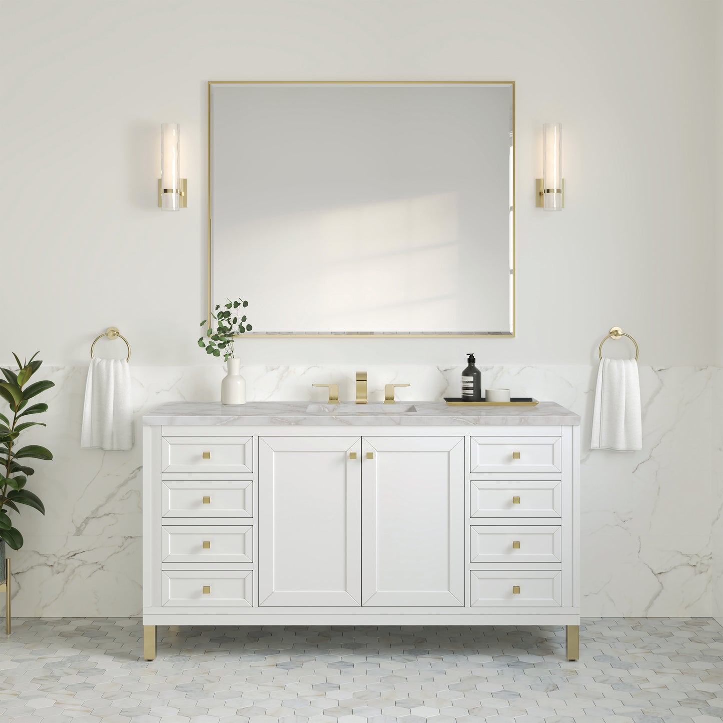 James Martin Vanities Chicago 60" Glossy White Single Vanity With 3cm Victorian Silver Silestone Top With FreePower Wireless Charger
