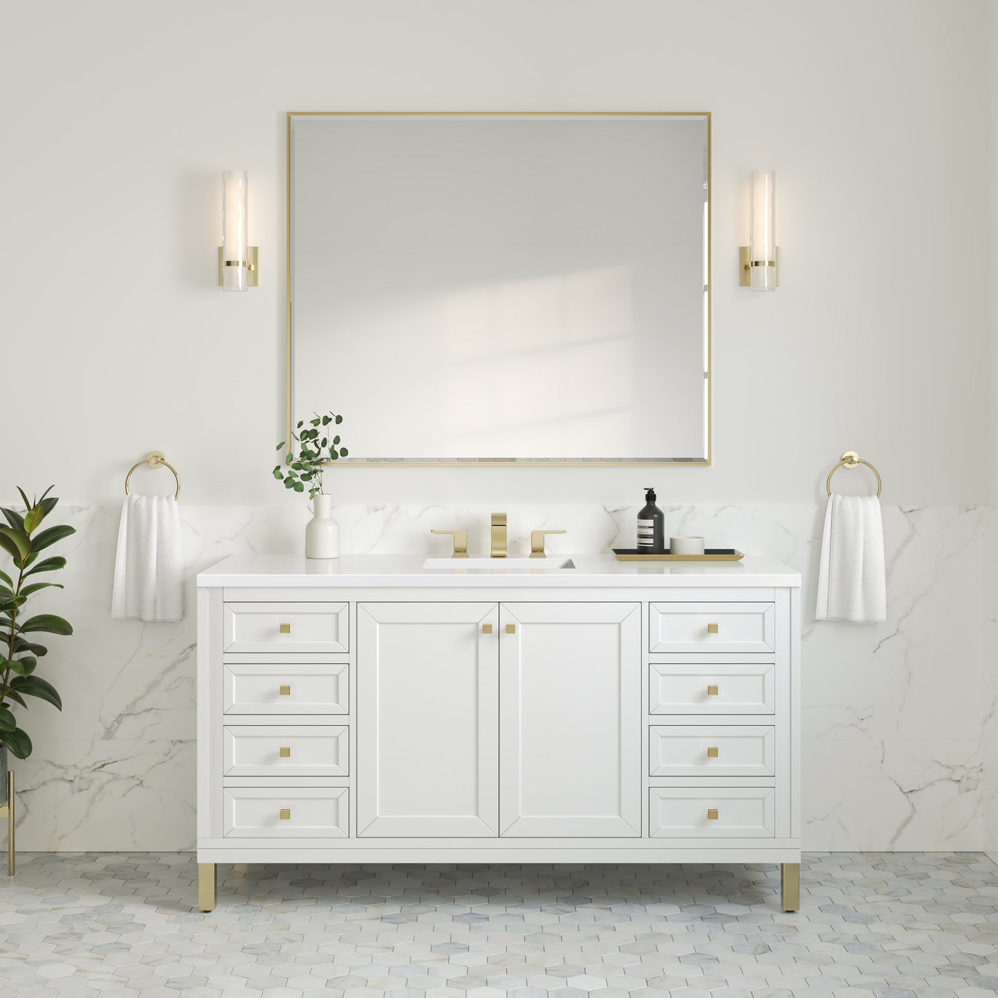 James Martin Vanities Chicago 60" Glossy White Single Vanity With 3cm White Zeus Silestone Top
