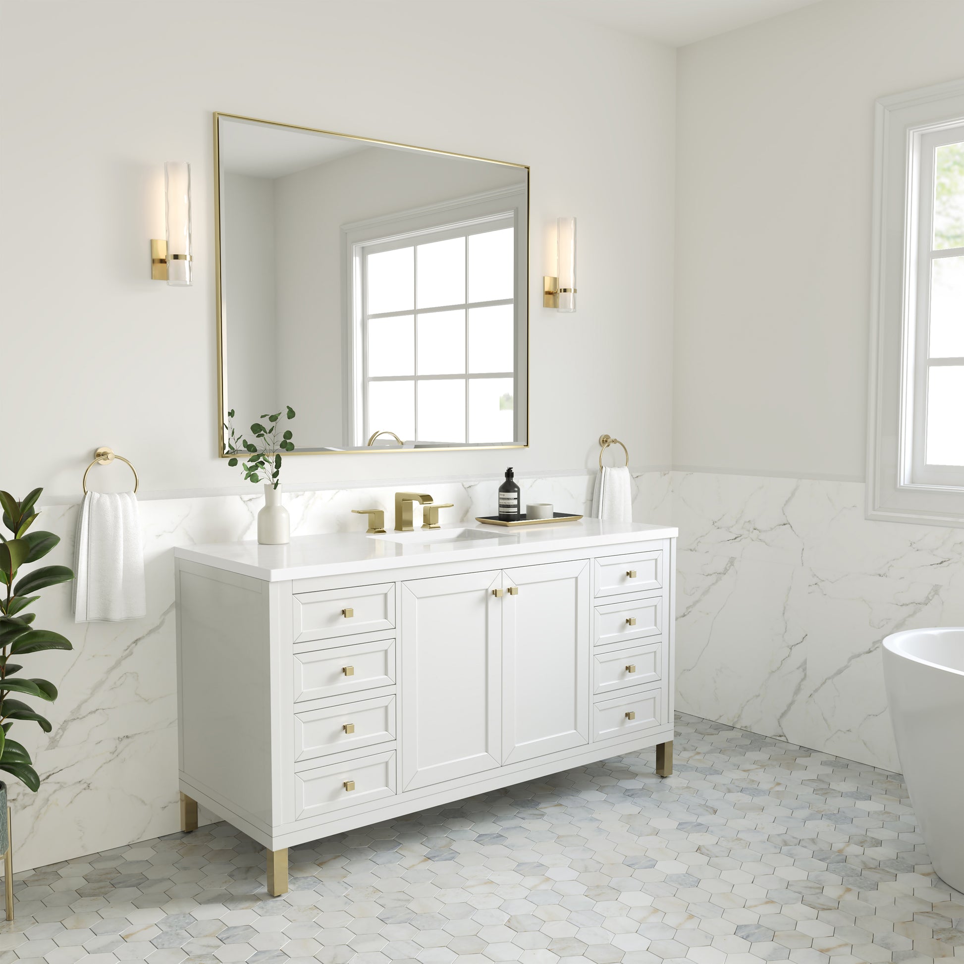 James Martin Vanities Chicago 60" Glossy White Single Vanity With 3cm White Zeus Silestone Top
