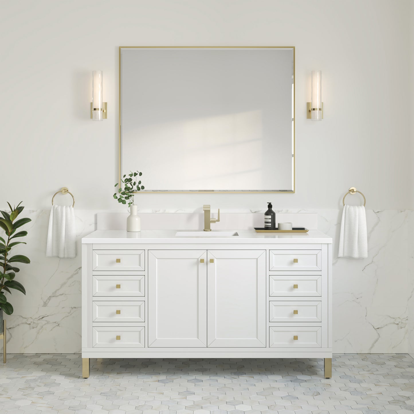 James Martin Vanities Chicago 60" Glossy White Single Vanity With Single Hole 3cm White Zeus Silestone Top and Backsplash