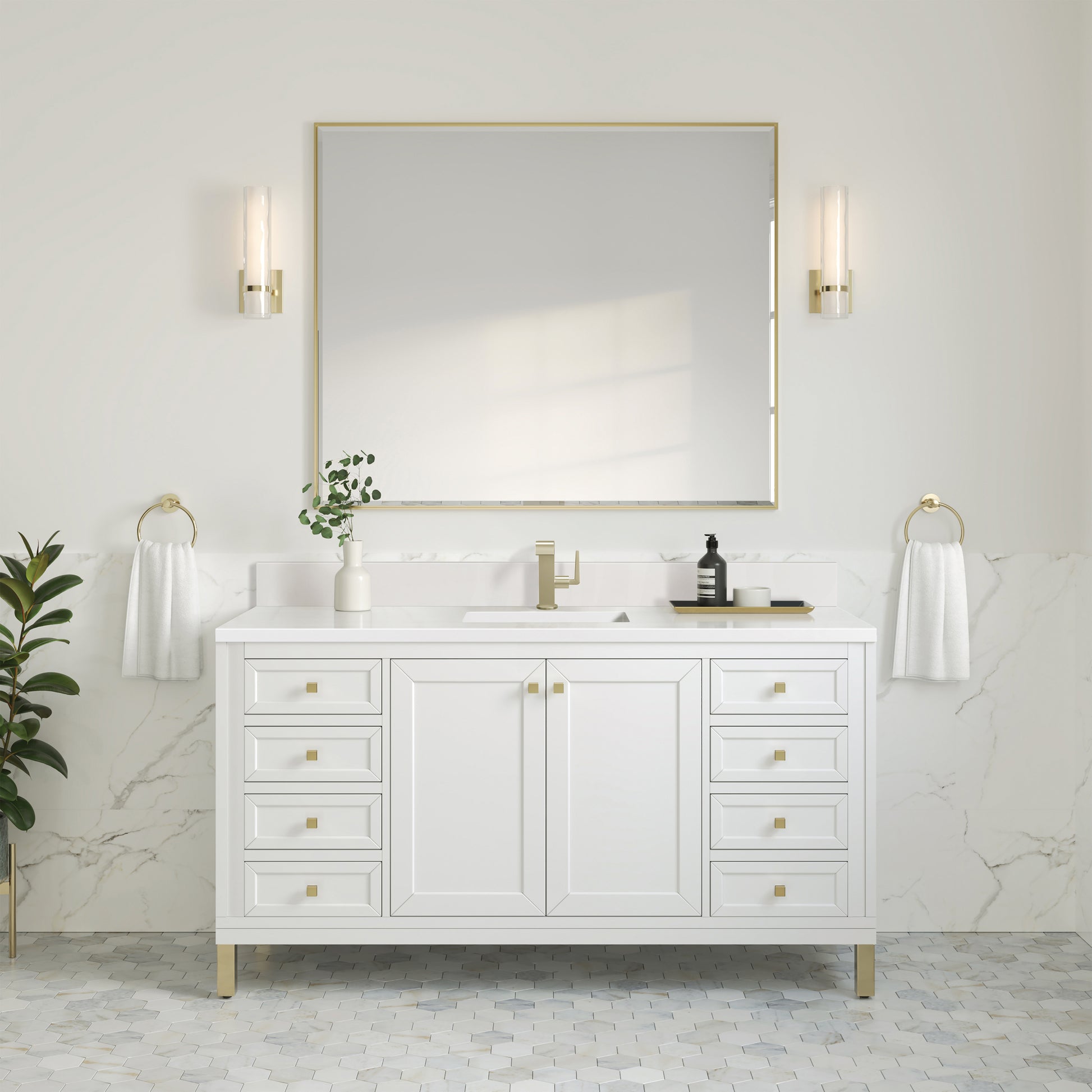 James Martin Vanities Chicago 60" Glossy White Single Vanity With Single Hole 3cm White Zeus Silestone Top and Backsplash