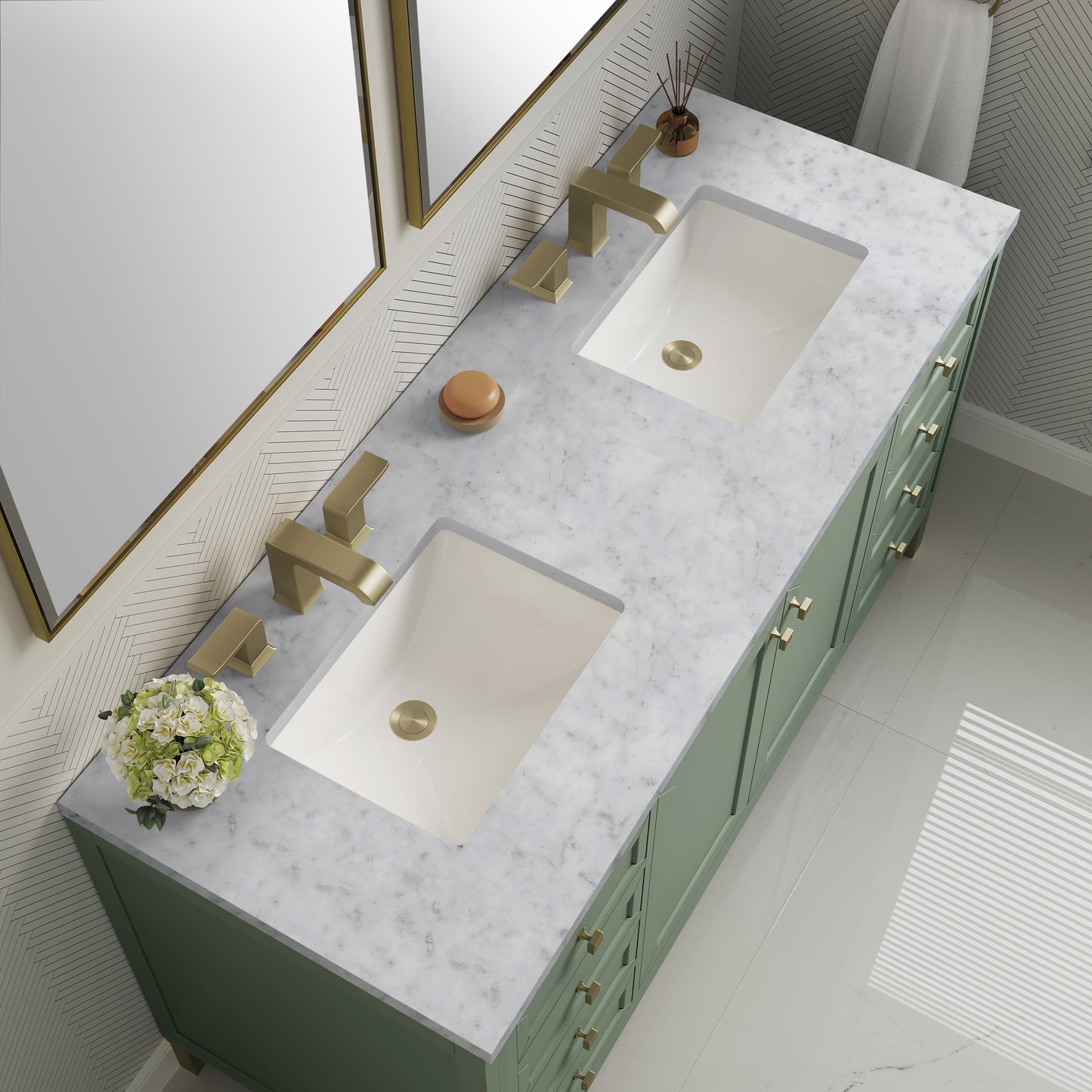 James Martin Vanities Chicago 60" Smokey Celadon Double Vanity With 3 cm Carrara Marble Top