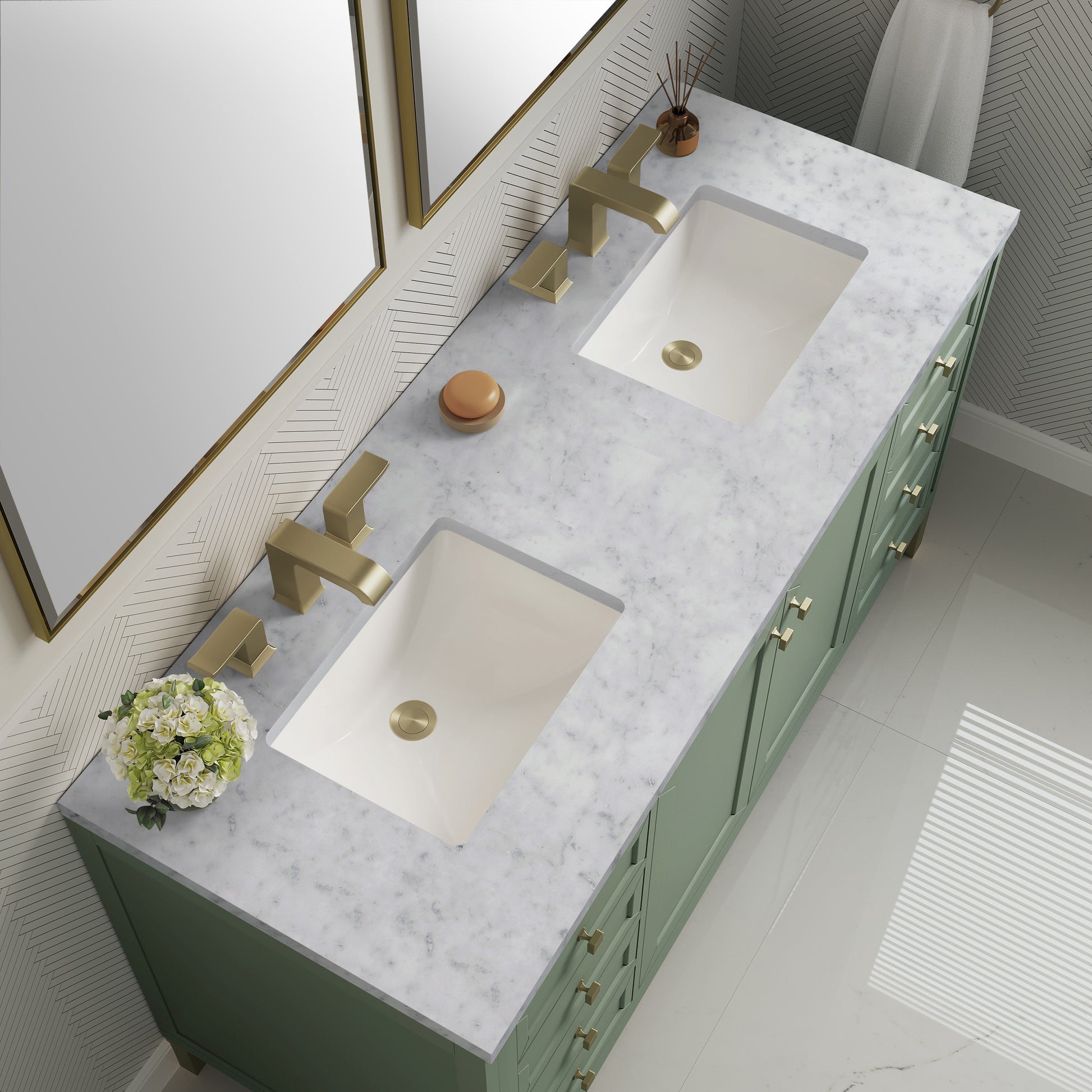James Martin Vanities Chicago 60" Smokey Celadon Double Vanity With 3 cm Carrara Marble Top