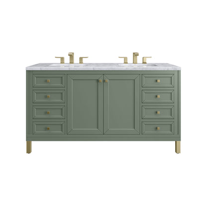 James Martin Vanities Chicago 60" Smokey Celadon Double Vanity With 3 cm Carrara Marble Top