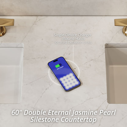 James Martin Vanities Chicago 60" Smokey Celadon Double Vanity With 3 cm Eternal Jasmine Pearl Silestone Top and FreePower Wireless Charger
