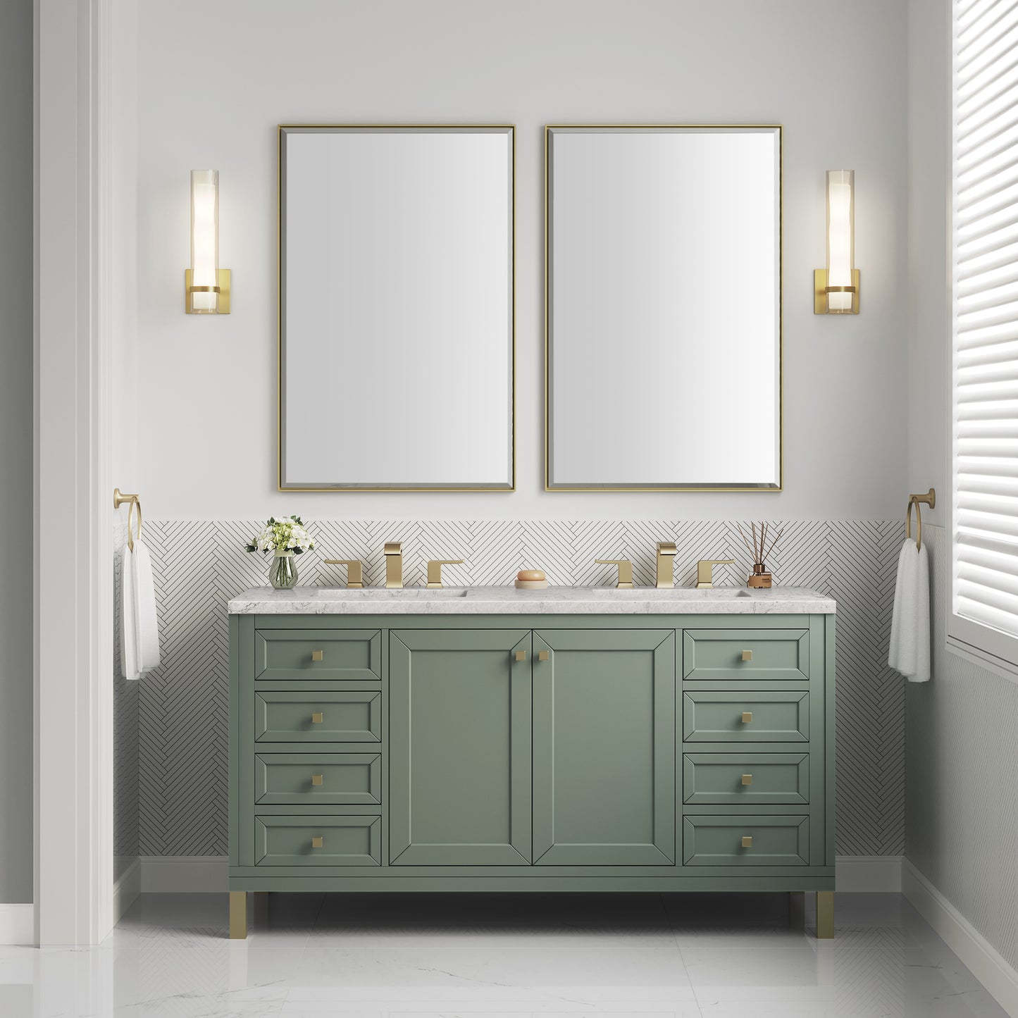 James Martin Vanities Chicago 60" Smokey Celadon Double Vanity With 3 cm Eternal Jasmine Pearl Silestone Top and FreePower Wireless Charger