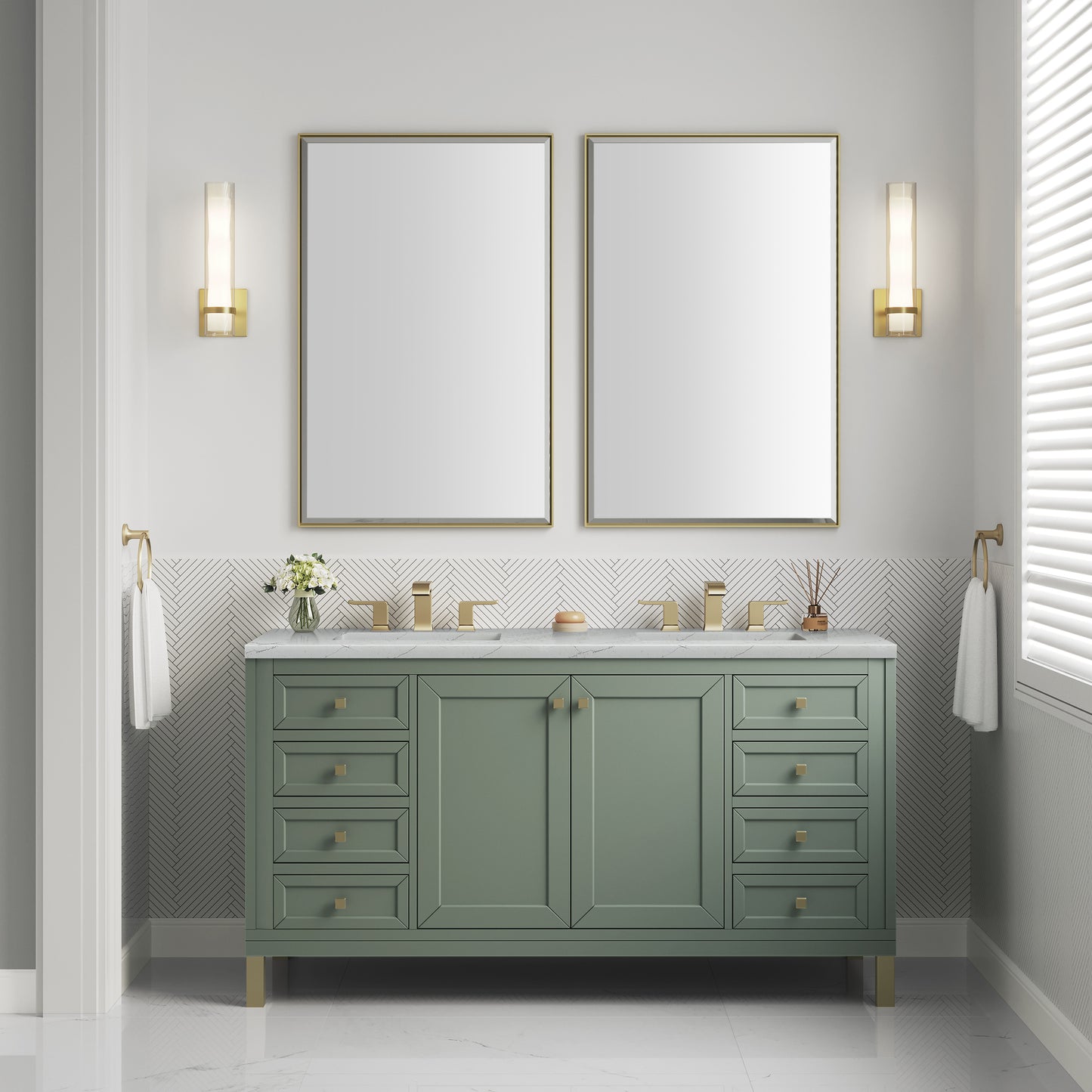James Martin Vanities Chicago 60" Smokey Celadon Double Vanity With 3 cm Ethereal Noctis Silestone Top and FreePower Wireless Charger
