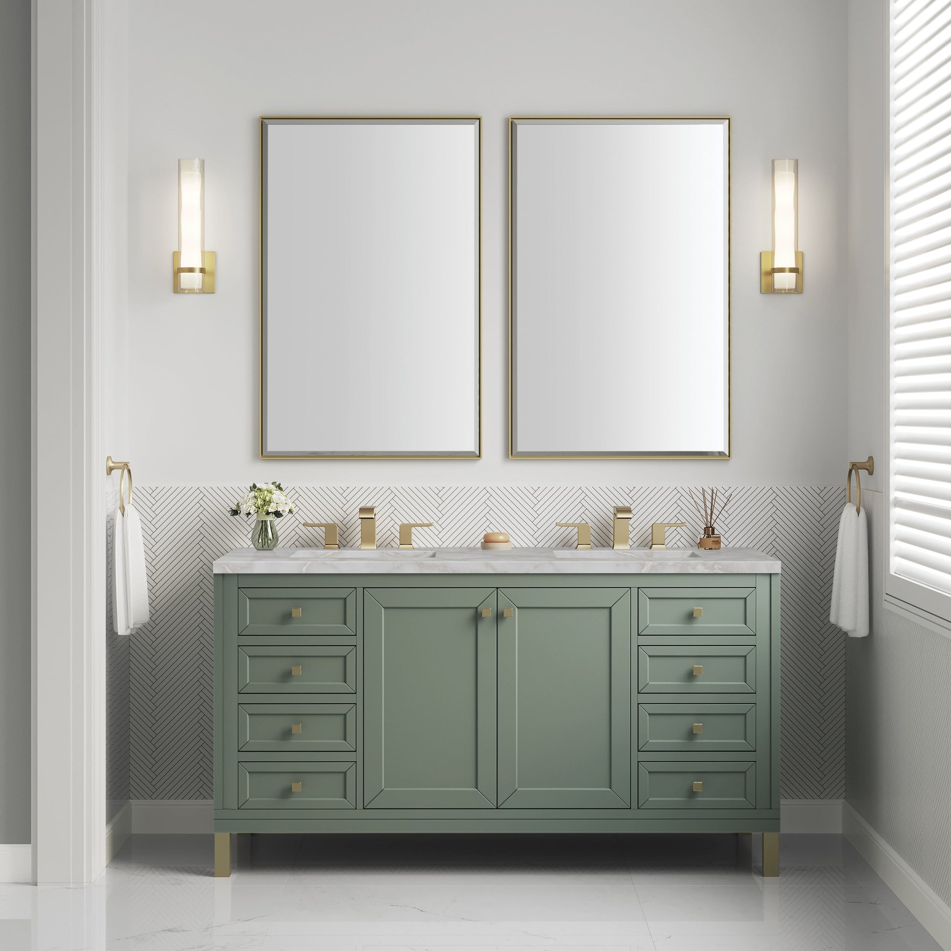 James Martin Vanities Chicago 60" Smokey Celadon Double Vanity With 3 cm Victorian Silver Top